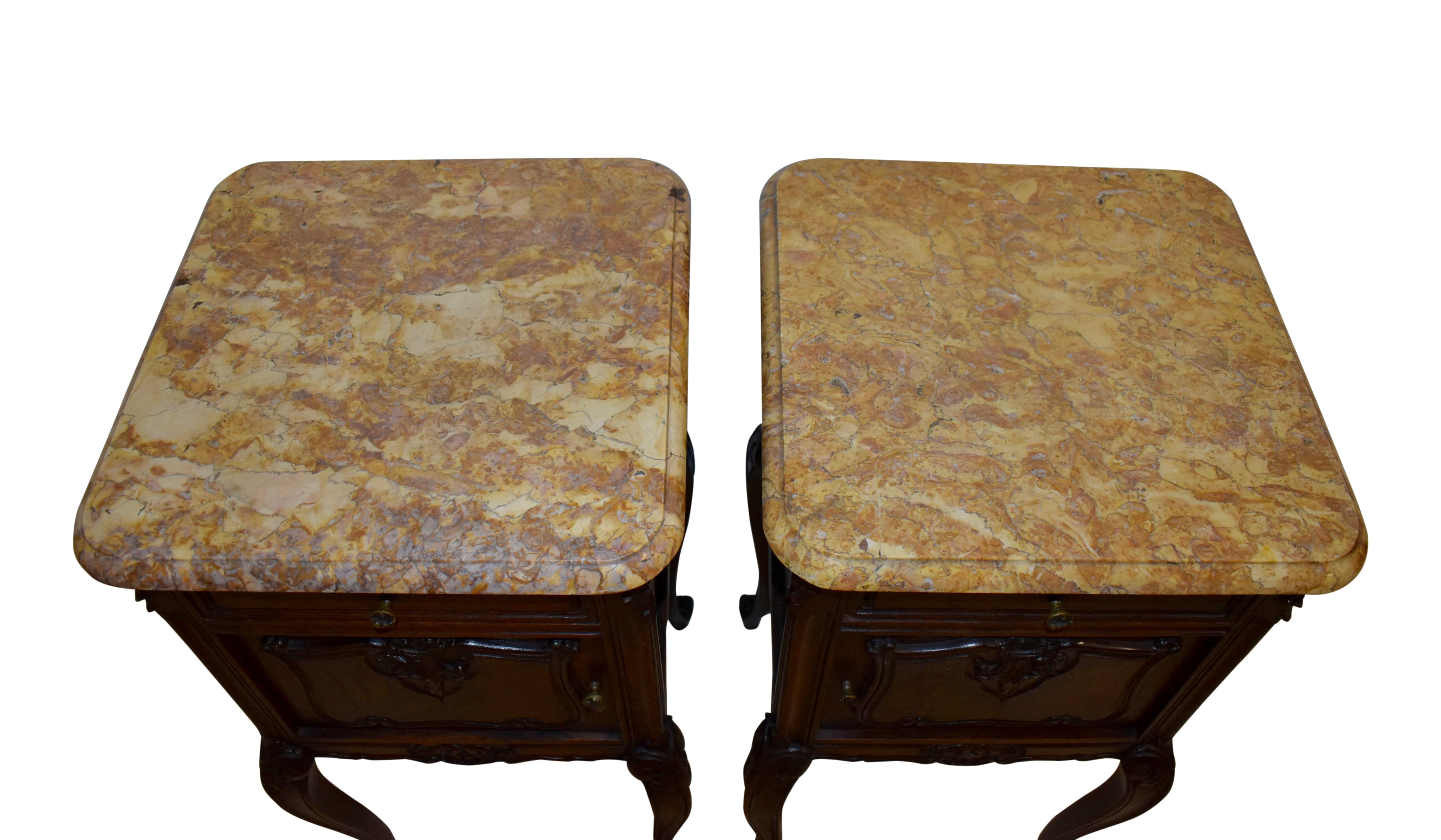 Louis XV Pair of Carved Oak Nightstand Bedside Tables with Mable Tops, Circa 1900 For Sale