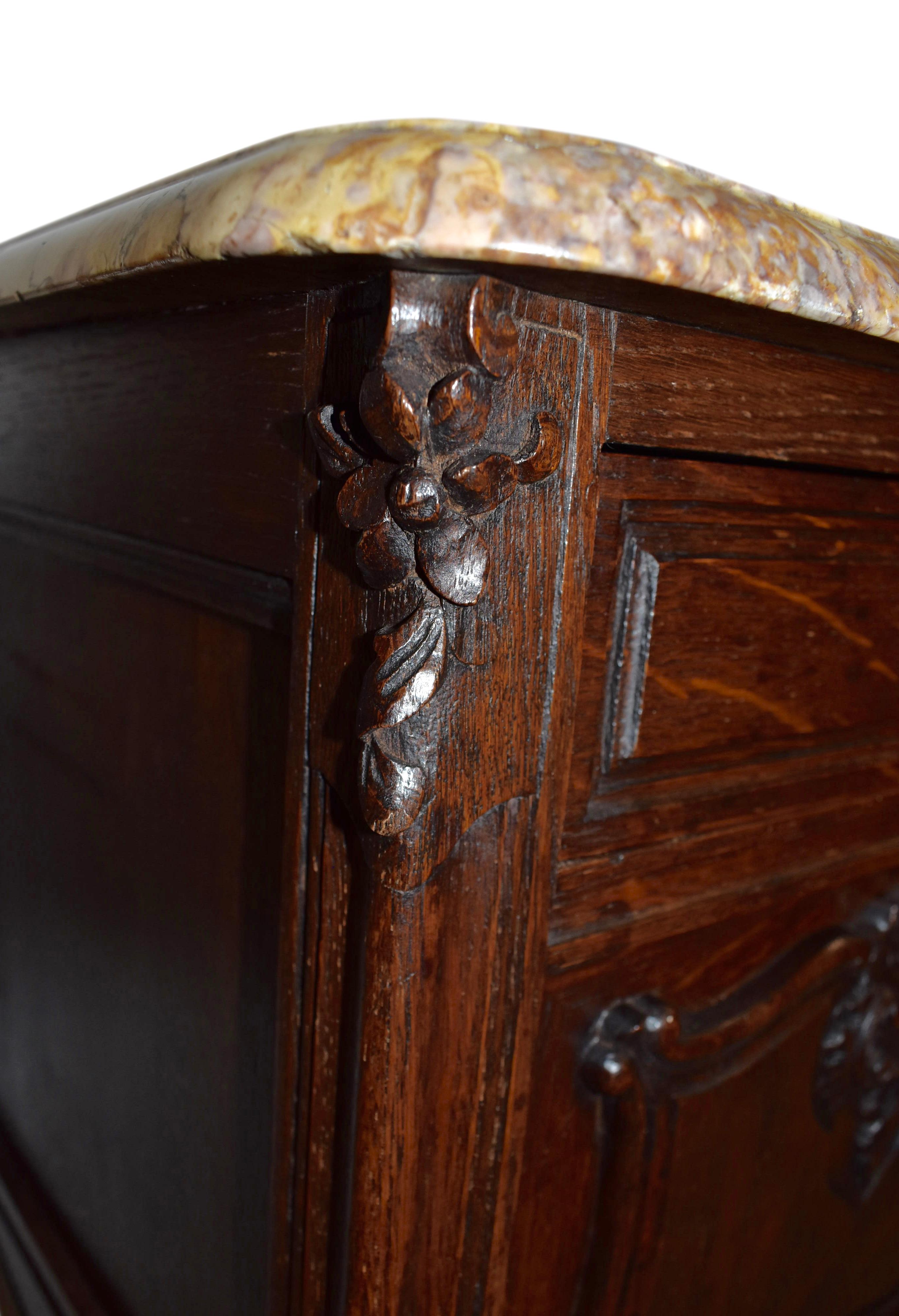 Belgian Pair of Carved Oak Nightstand Bedside Tables with Mable Tops, Circa 1900 For Sale