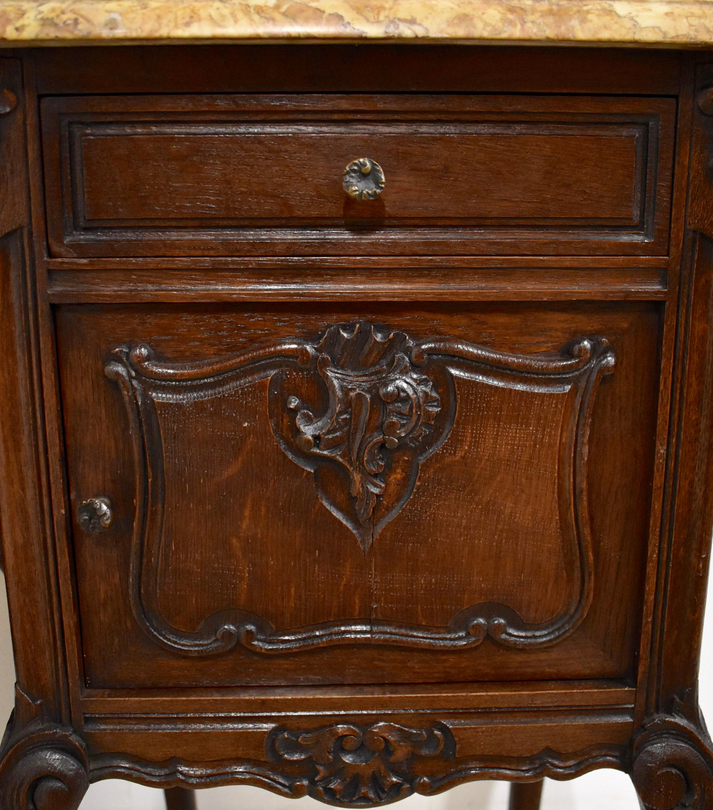 Marble Pair of Carved Oak Nightstand Bedside Tables with Mable Tops, Circa 1900 For Sale