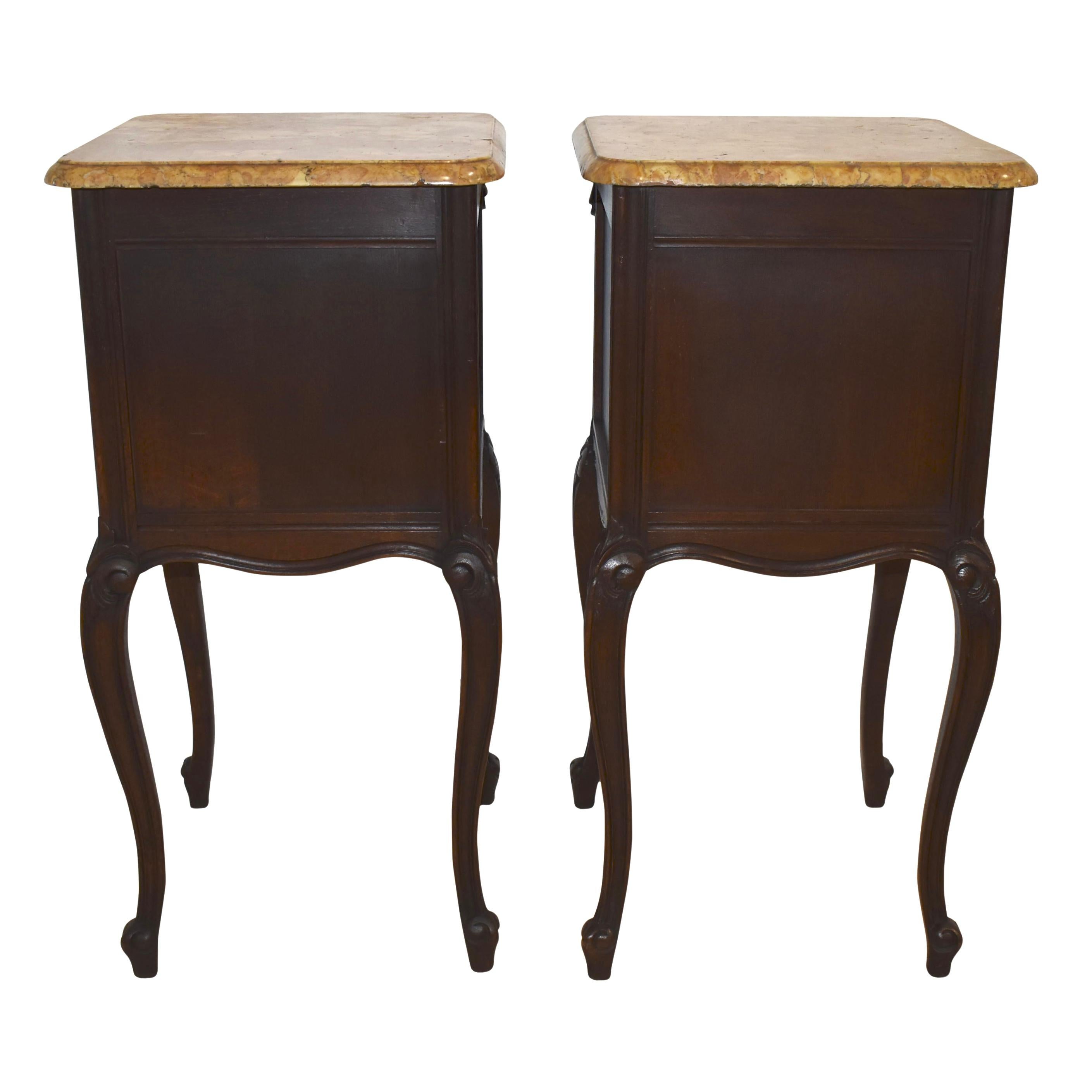 Pair of Carved Oak Nightstand Bedside Tables with Mable Tops, Circa 1900 For Sale 2