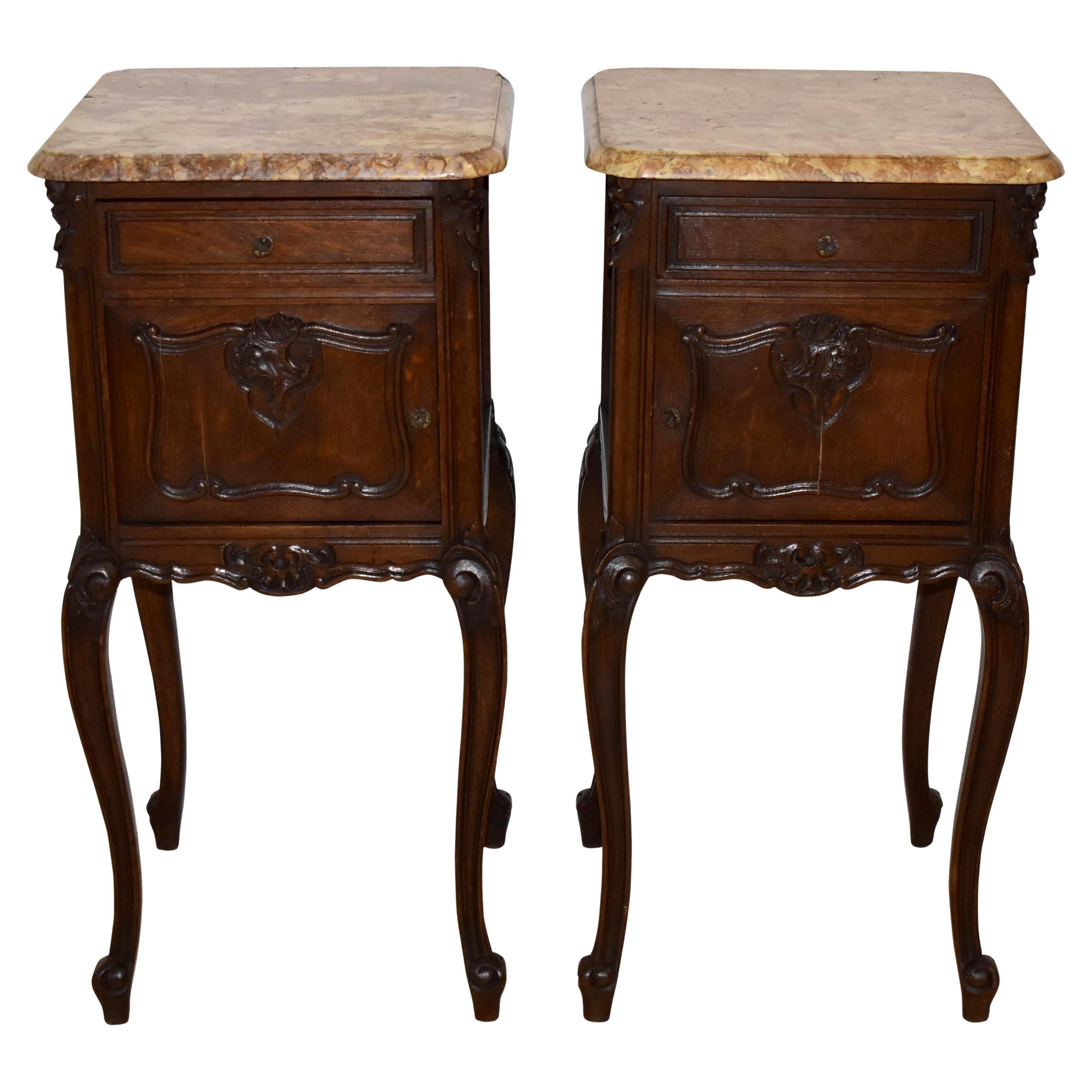 Pair of Carved Oak Nightstand Bedside Tables with Mable Tops, Circa 1900 For Sale