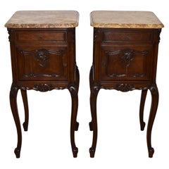 Antique Pair of Carved Oak Nightstand Bedside Tables with Mable Tops, Circa 1900