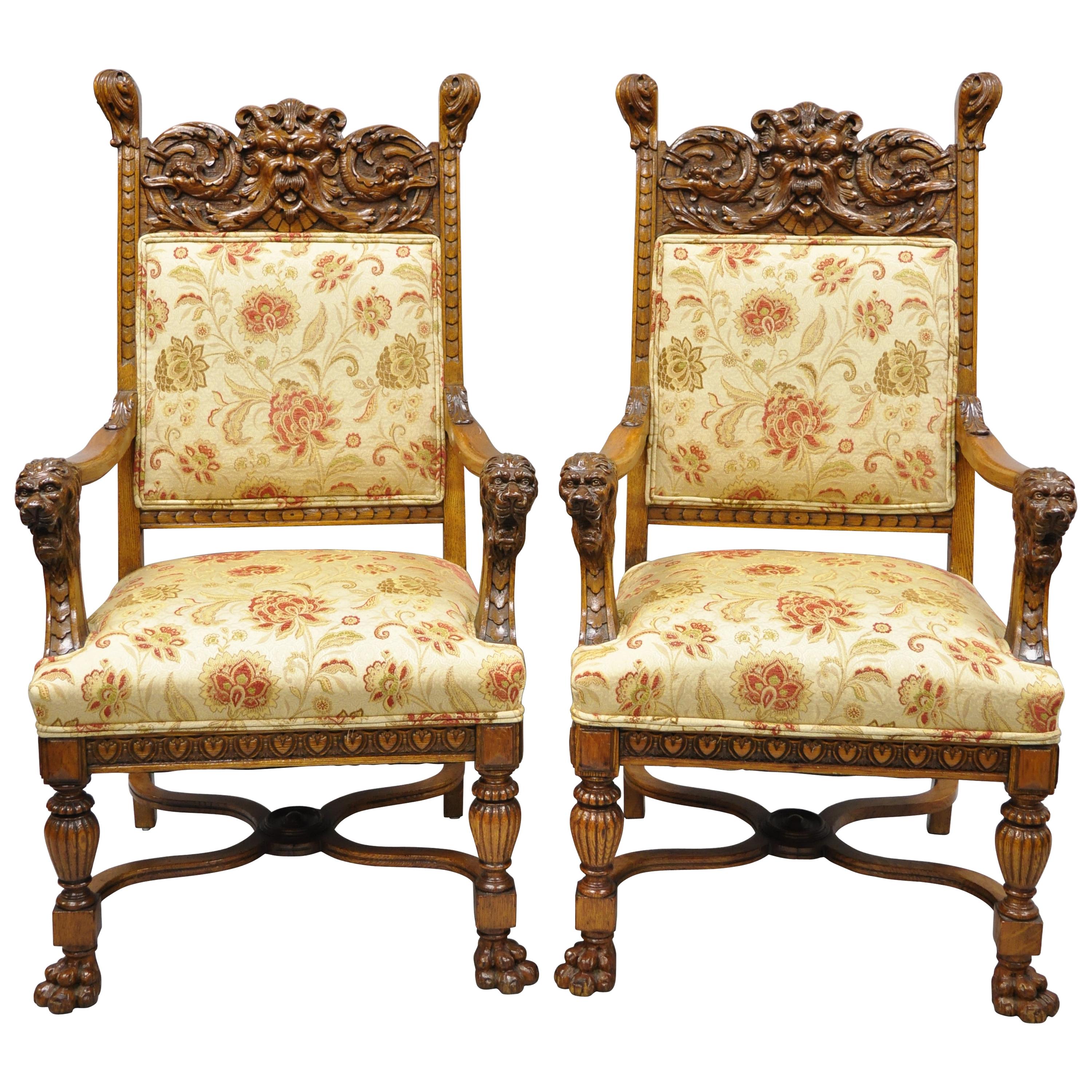 Pair of Carved Oak Northwind Face and Lion Head Armchairs RJ Horner Attributed