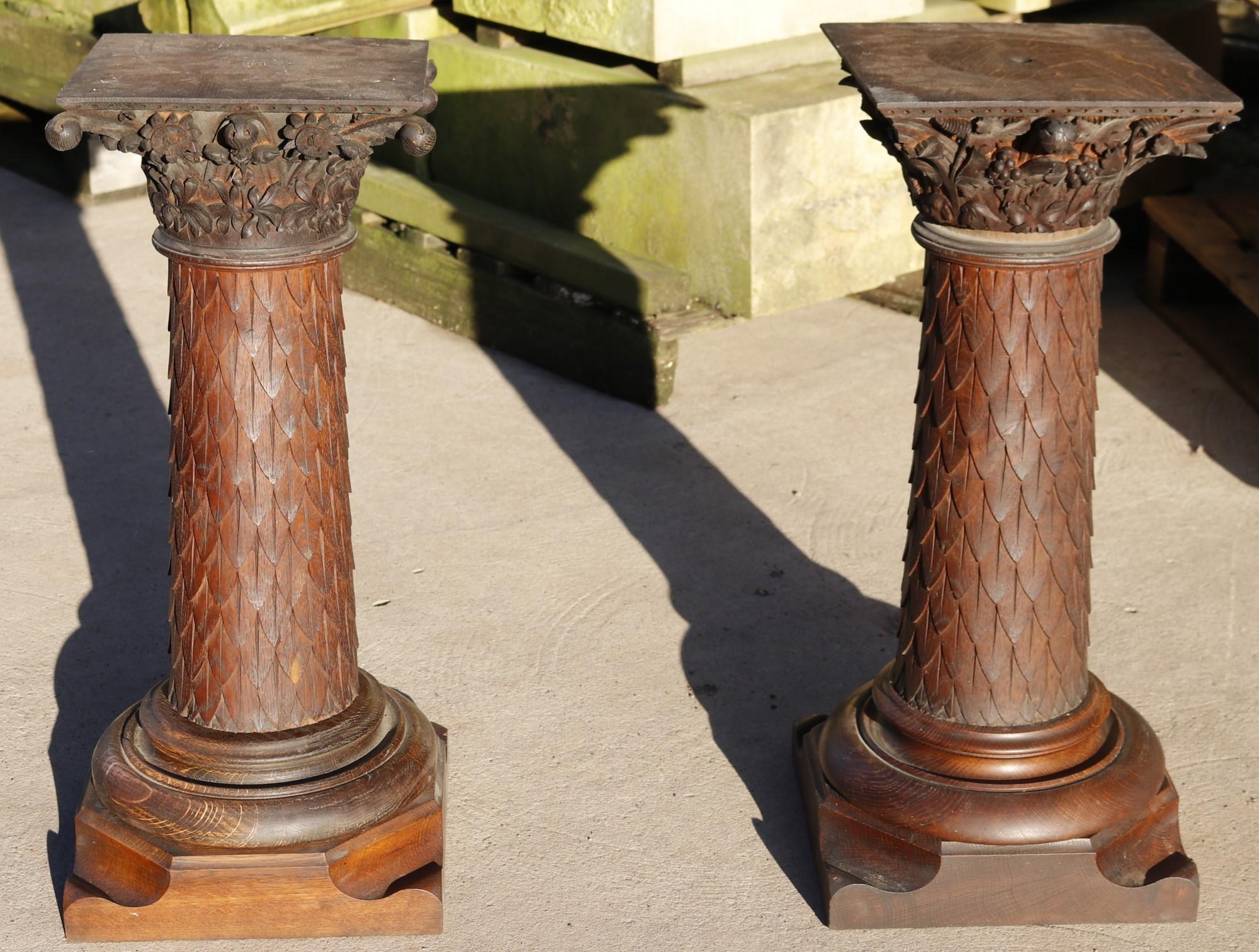 A pair of turned and carved oak column pedestals. Salvaged from a church in Portsmouth.

There are up to three pairs available, please ask for more details.

Additional Dimensions:

Base 29.5 cm x 29.5 cm

Top 26.5 cm x 29.5 cm