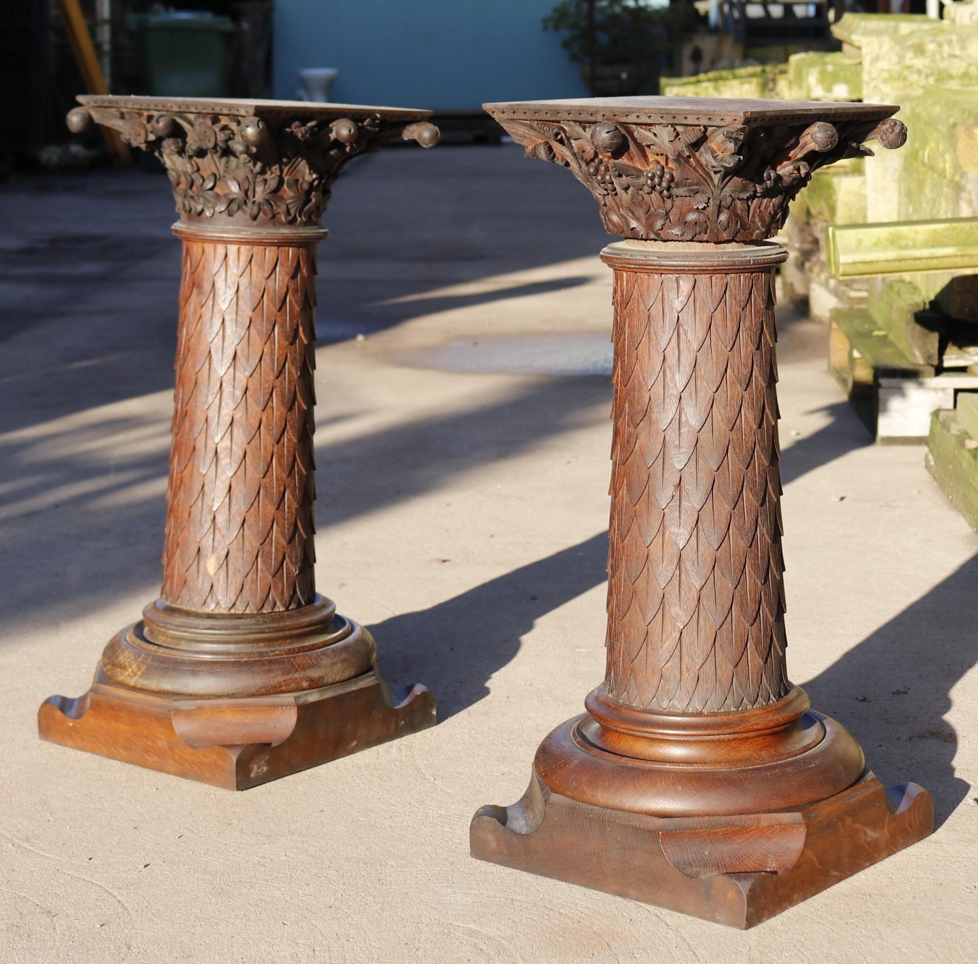 English Pair of Carved Oak Pedestals For Sale
