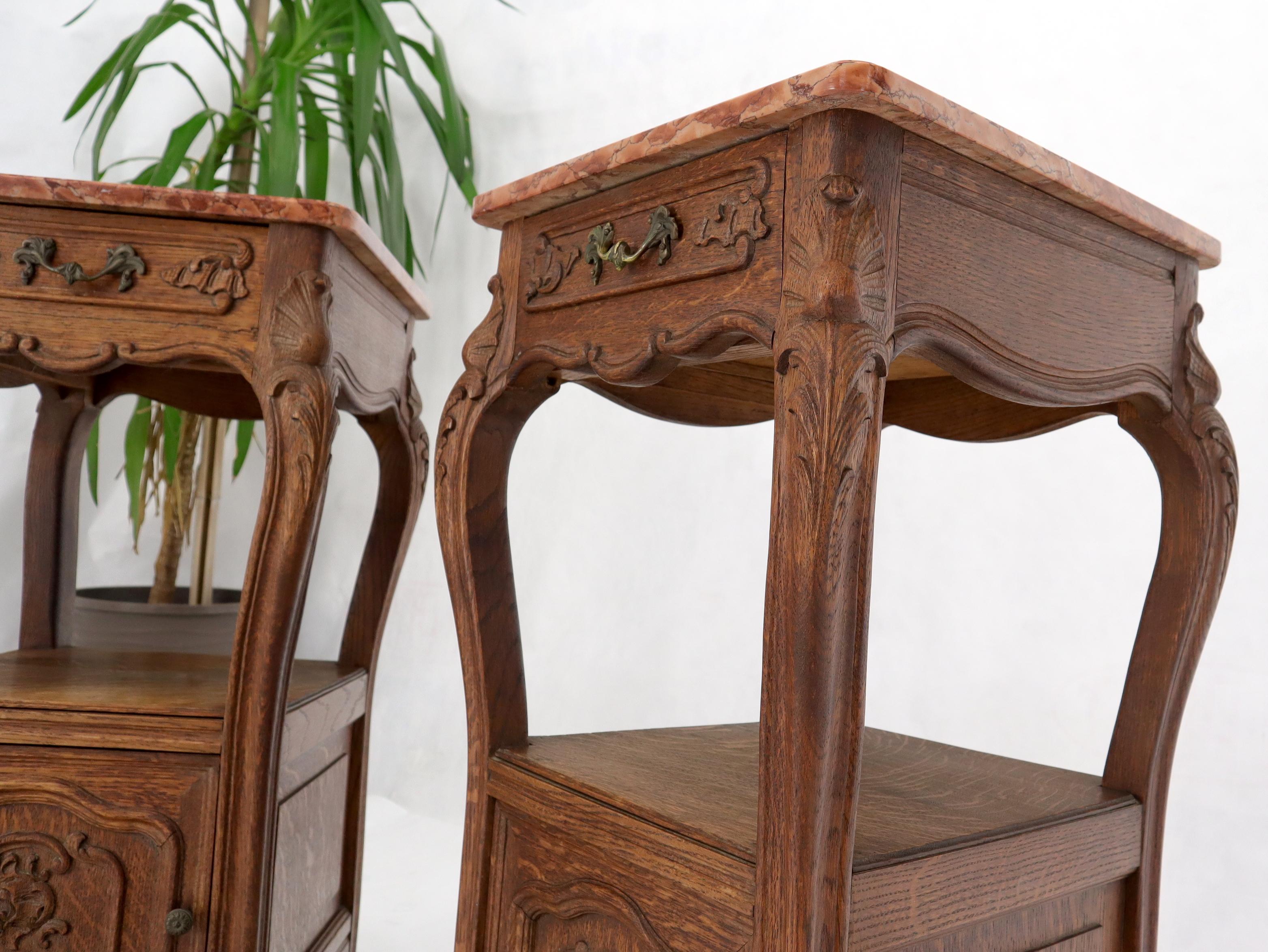 Pair of carved oak rouge marble tops nightstands end tables For Sale 6
