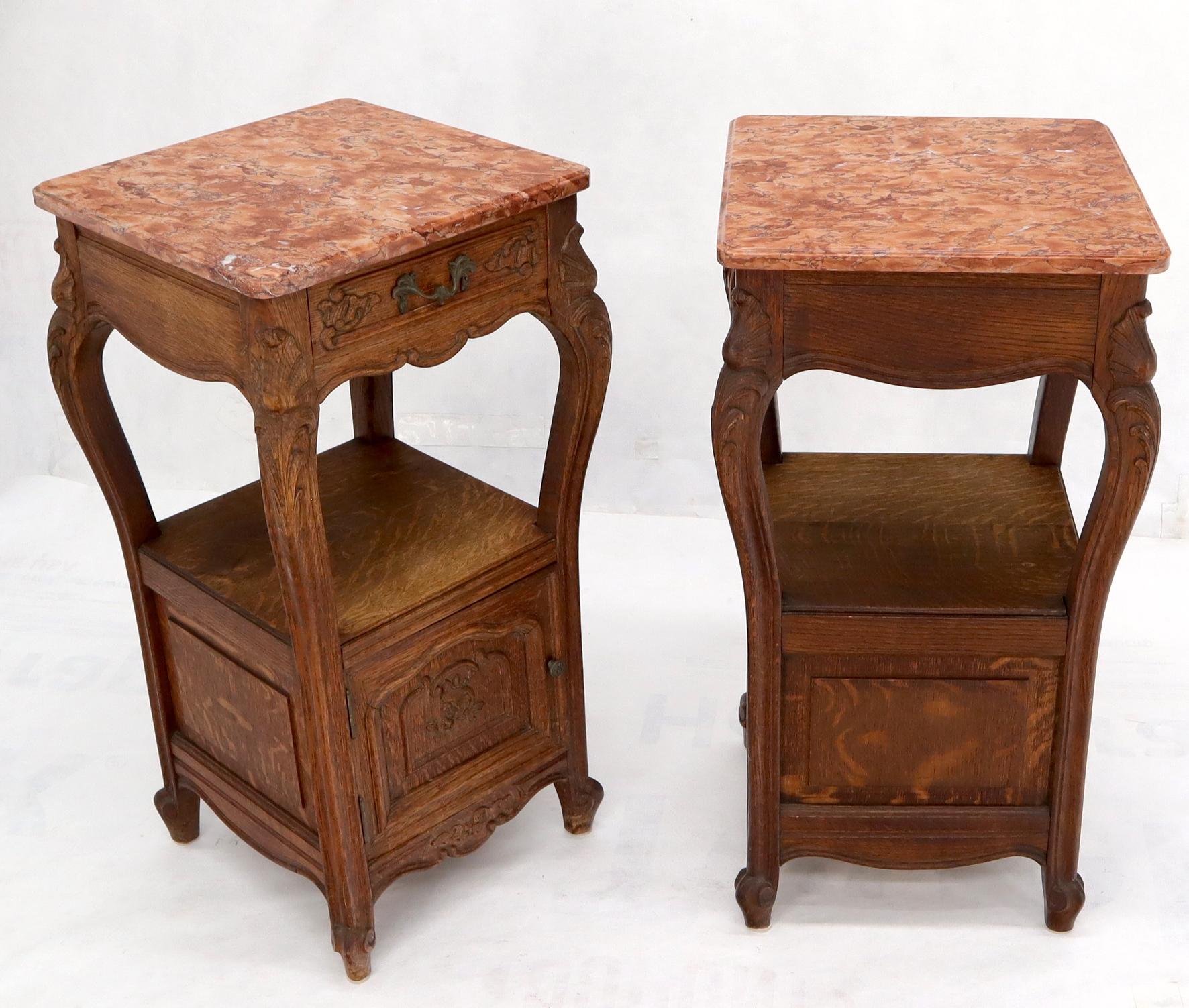 Pair of carved oak rouge marble tops nightstands end tables For Sale 8