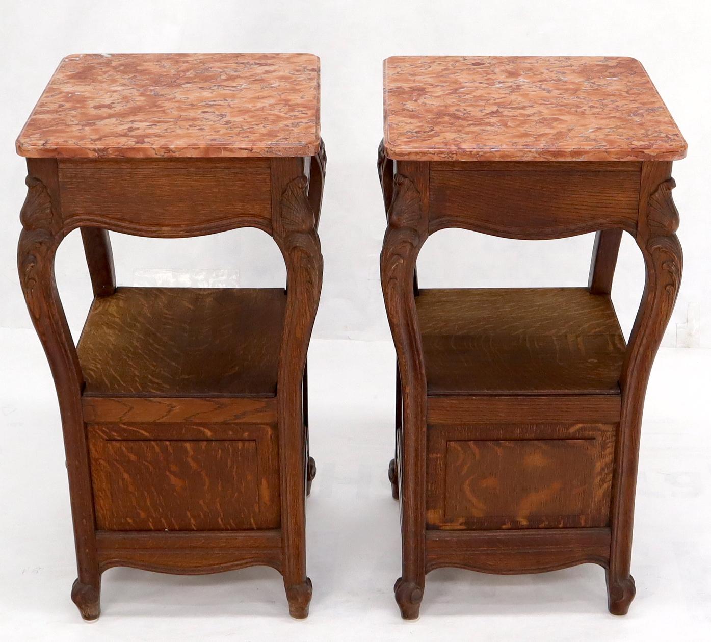 Pair of carved oak rouge marble tops nightstands end tables For Sale 9