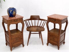 Pair of carved oak rouge marble tops nightstands end tables