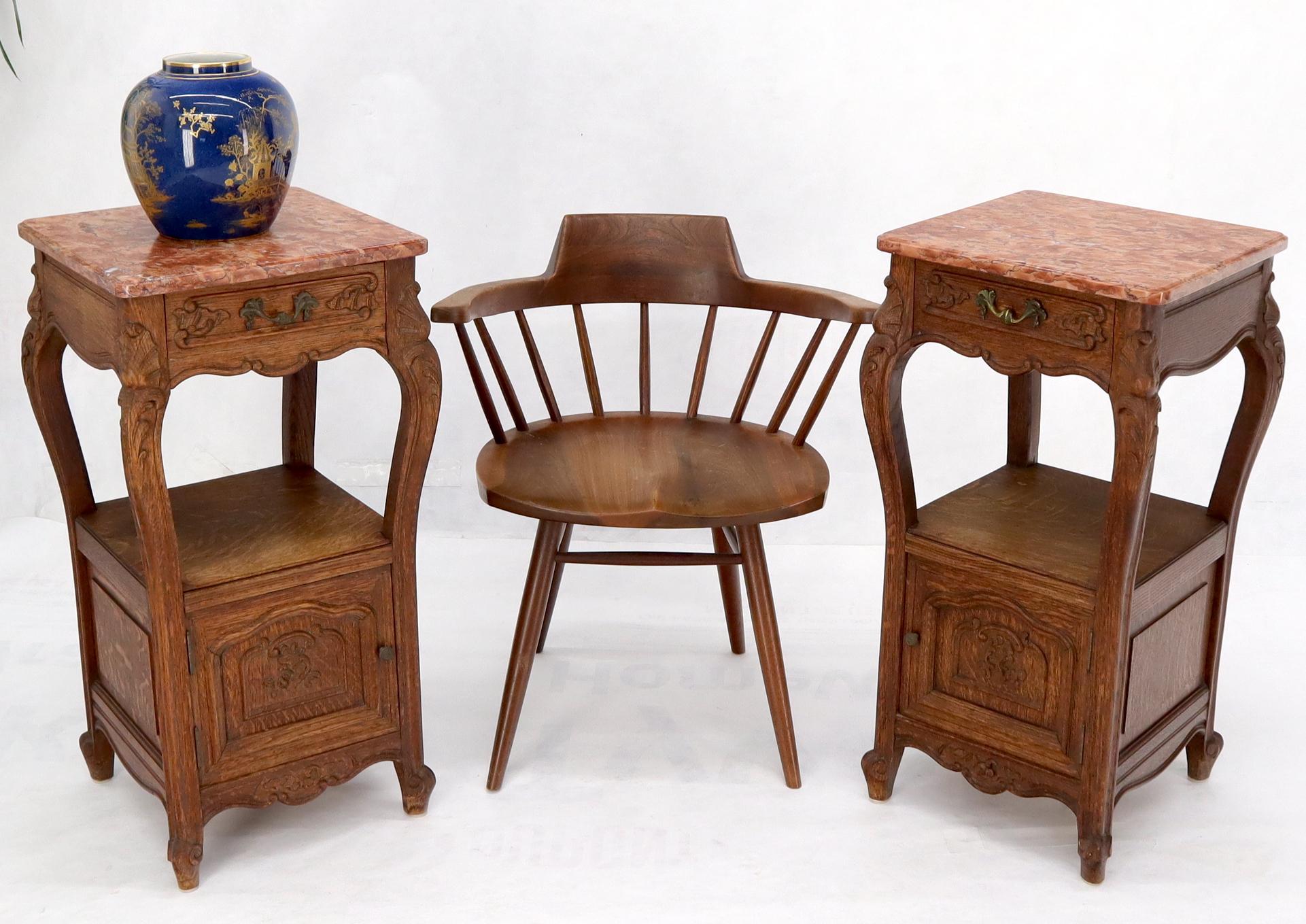 French Provincial Pair of carved oak rouge marble tops nightstands end tables For Sale