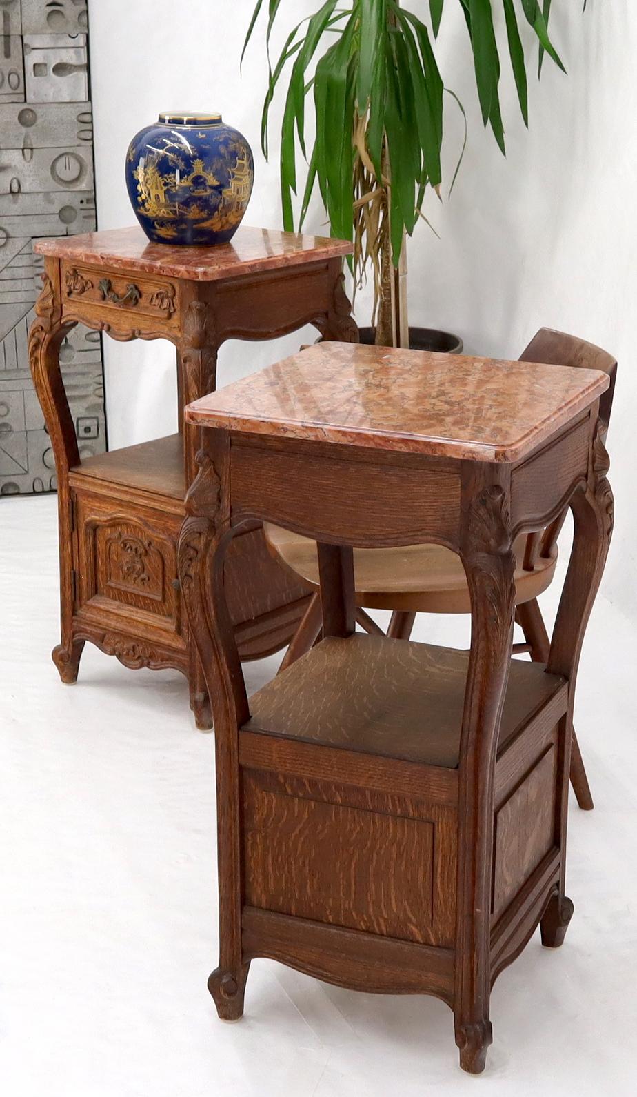 French Pair of carved oak rouge marble tops nightstands end tables For Sale