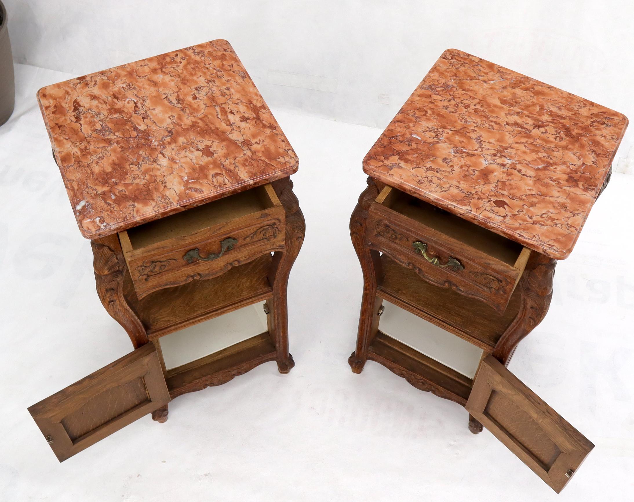 20th Century Pair of carved oak rouge marble tops nightstands end tables For Sale
