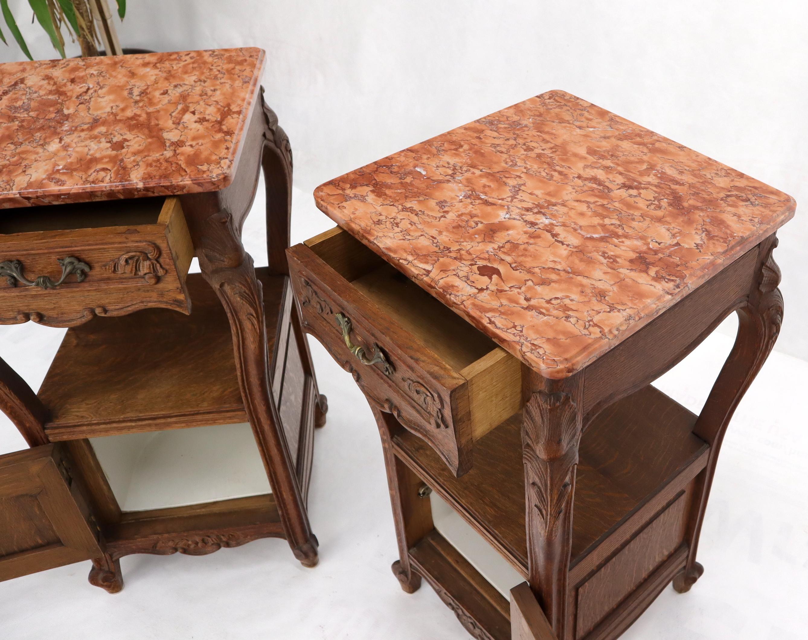 Marble Pair of carved oak rouge marble tops nightstands end tables For Sale