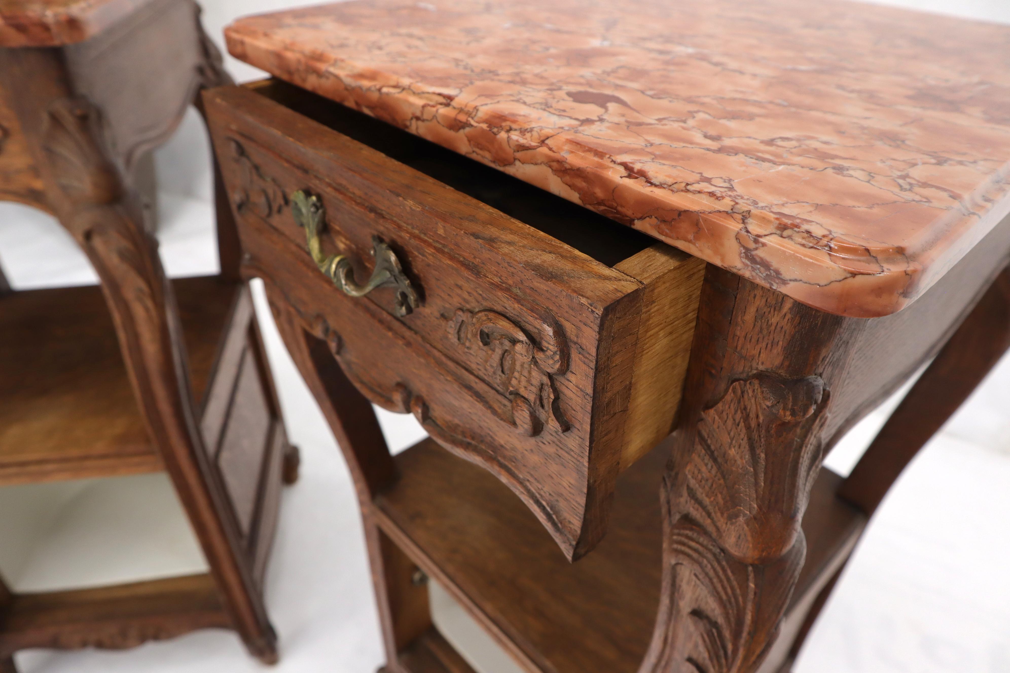 Pair of carved oak rouge marble tops nightstands end tables For Sale 1