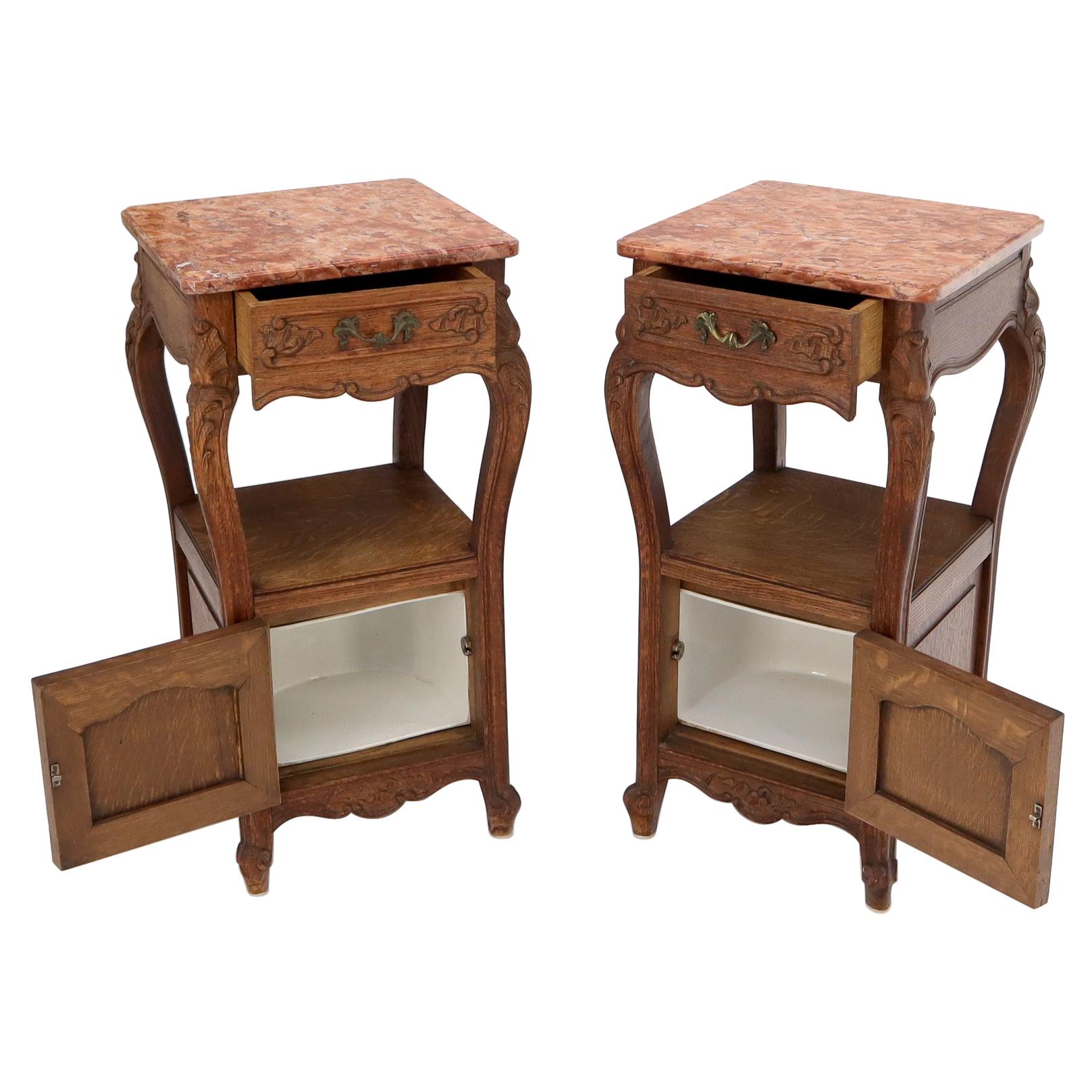 Pair of carved oak rouge marble tops nightstands end tables For Sale