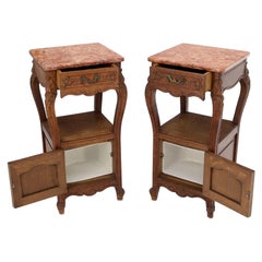 Pair of carved oak rouge marble tops nightstands end tables