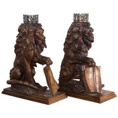 Antique Pair of Carved Oak Seated Lions