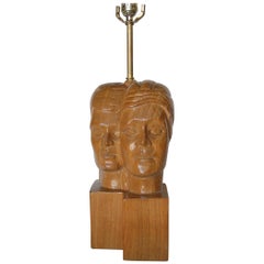 Pair of Carved Oak Side by Side Male and Female Couple Sculptural Table Lamp