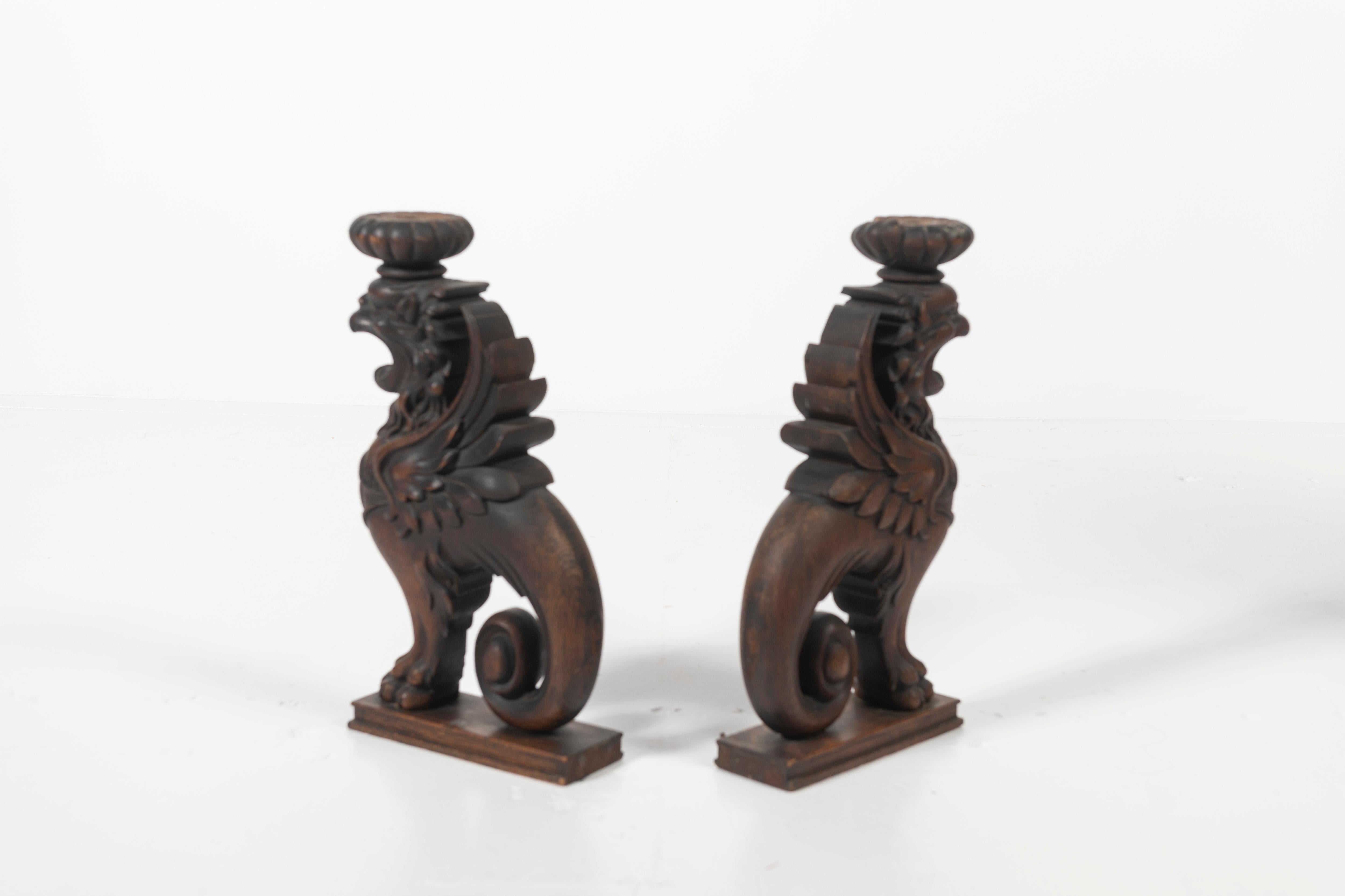 Italian Pair of Carved Oak Stylized Griffin Sculptures, 1900s