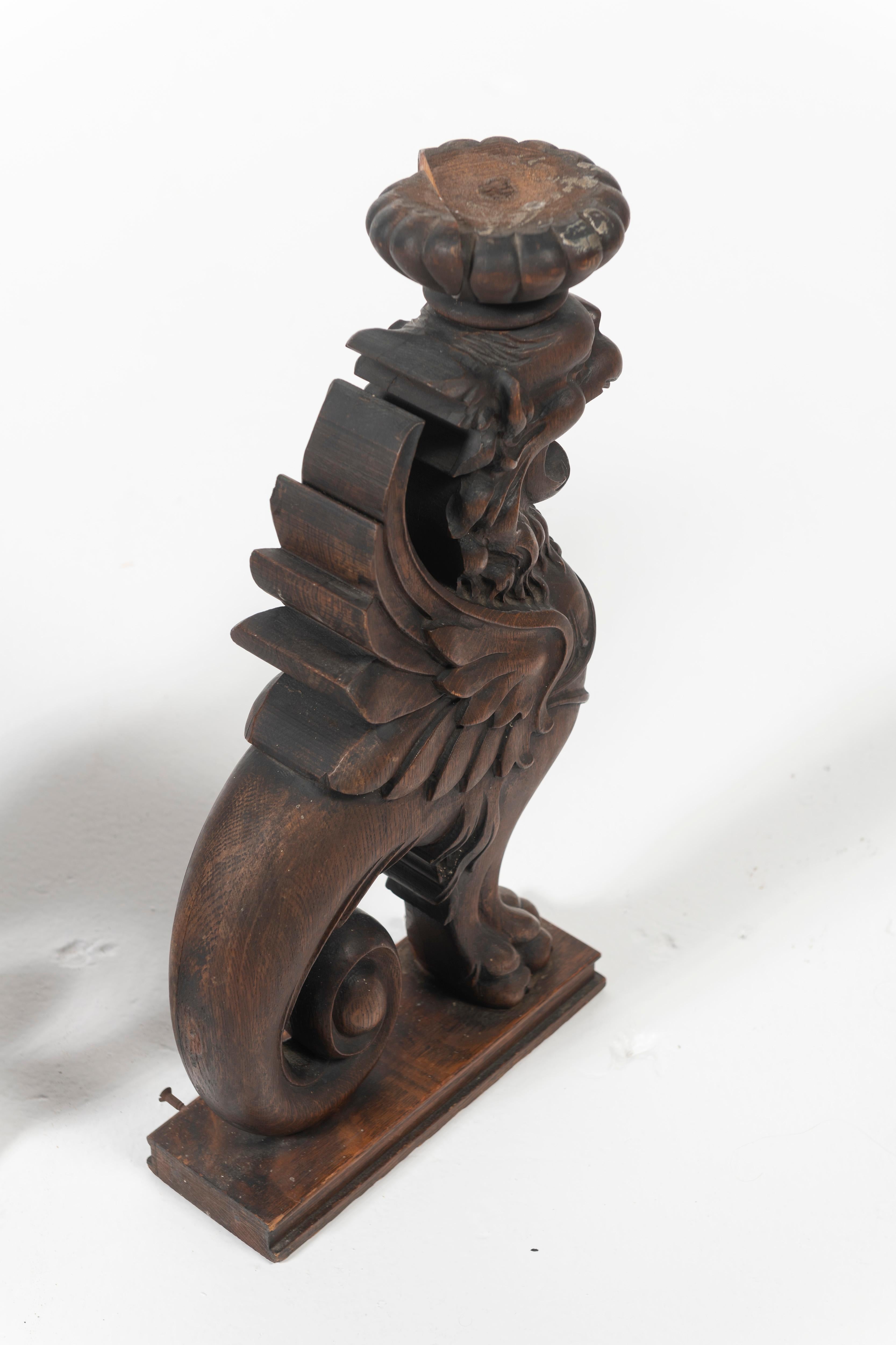 Hand-Carved Pair of Carved Oak Stylized Griffin Sculptures, 1900s