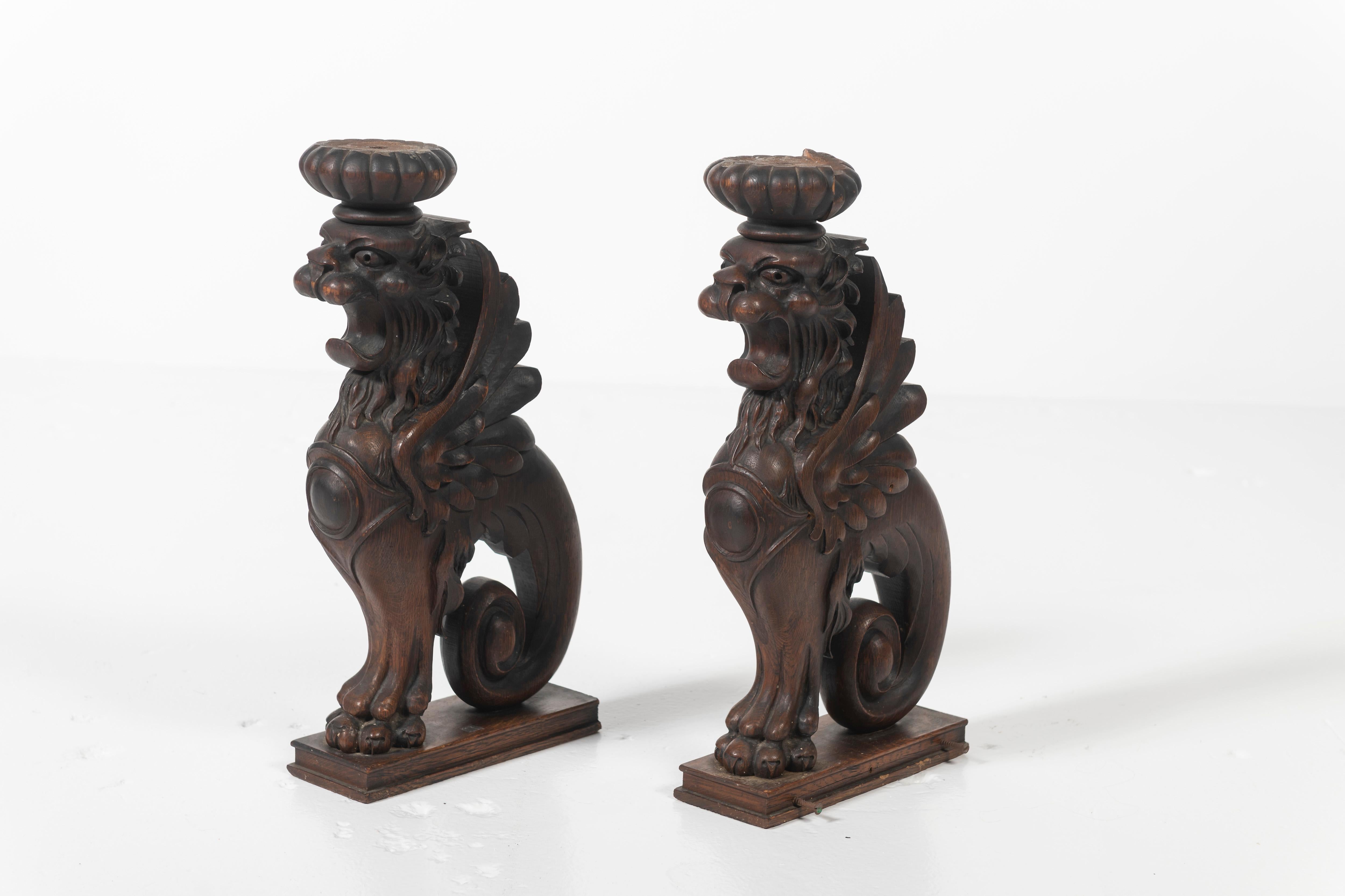 Pair of Carved Oak Stylized Griffin Sculptures, 1900s In Good Condition For Sale In San Francisco, CA