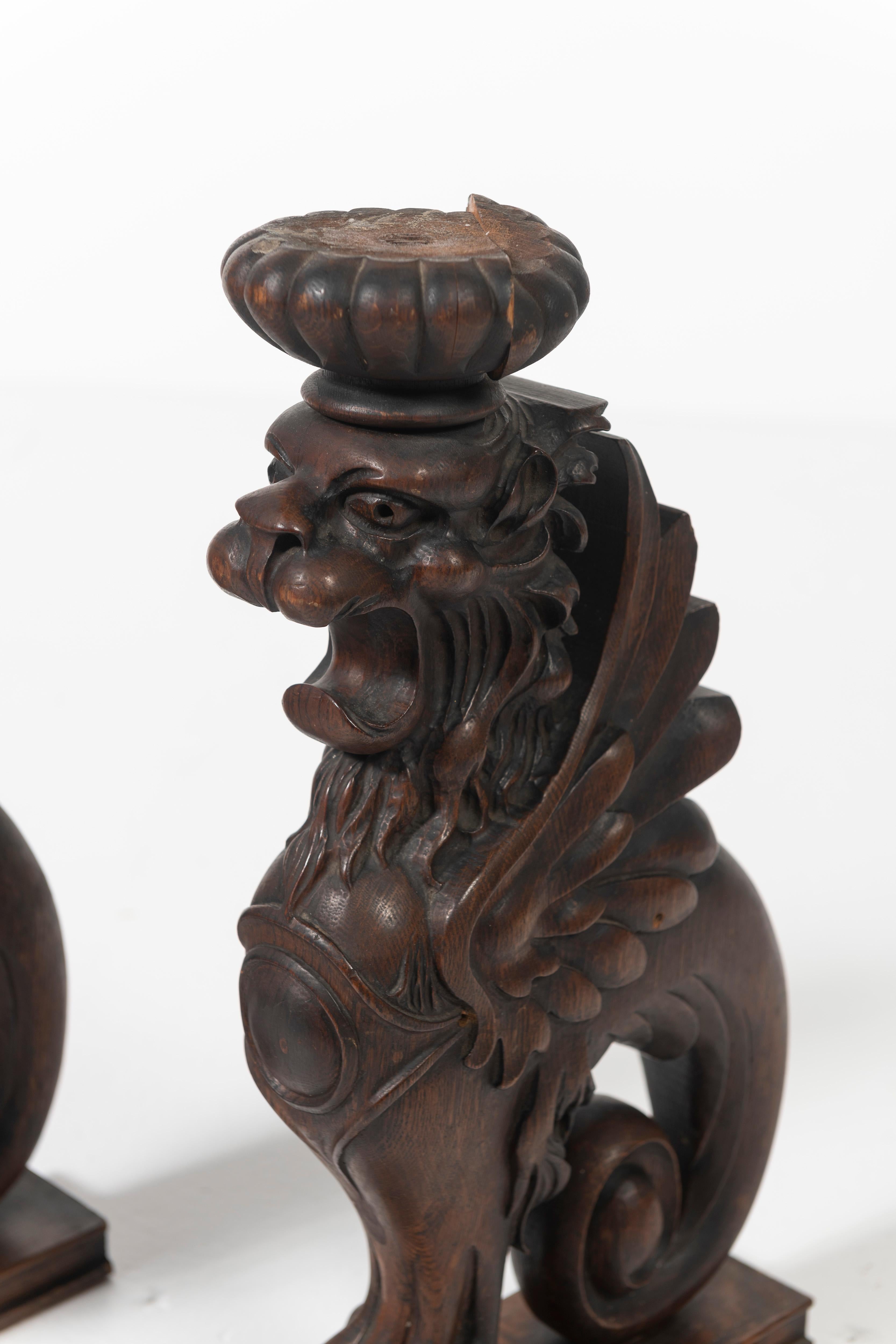 20th Century Pair of Carved Oak Stylized Griffin Sculptures, 1900s