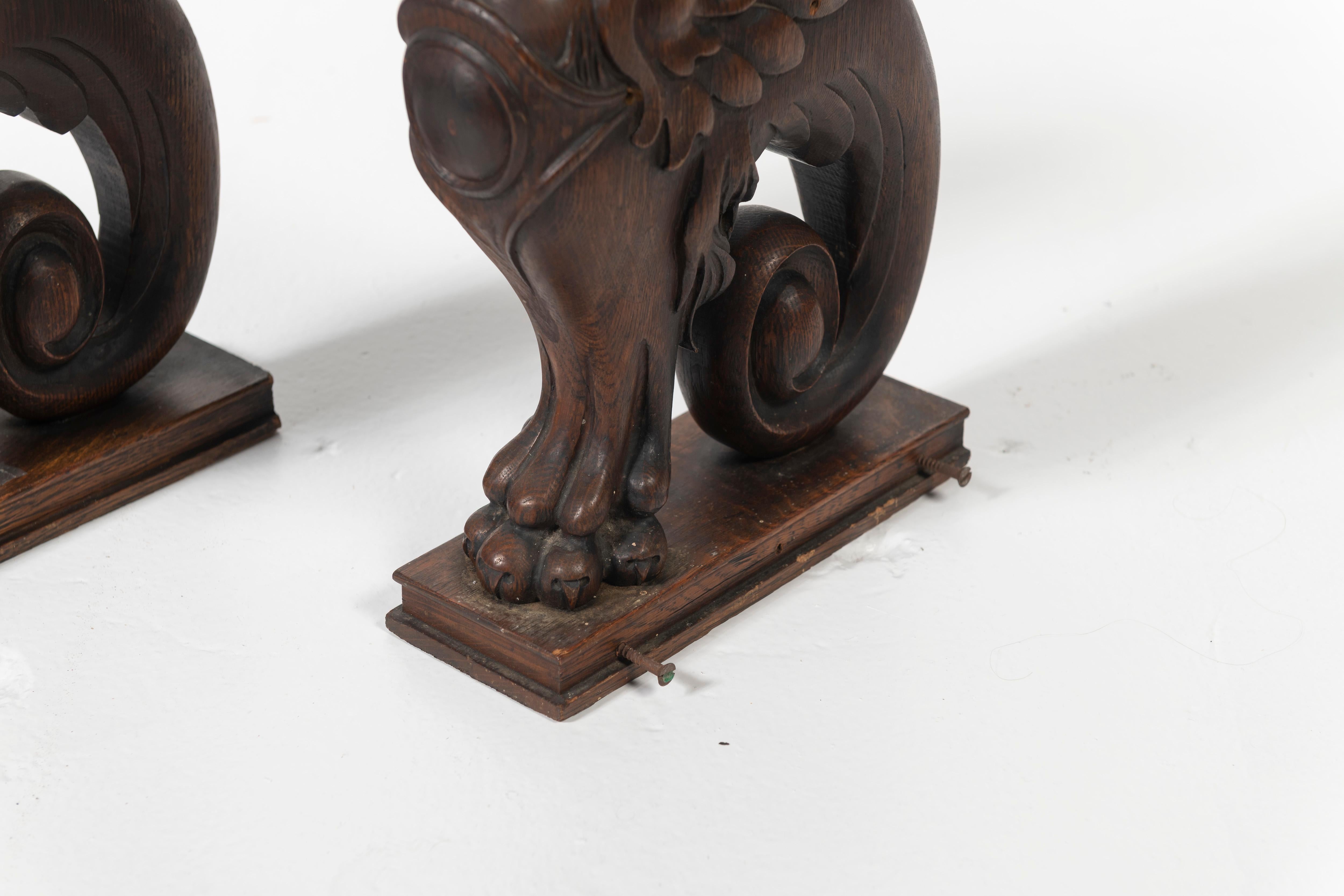Pair of Carved Oak Stylized Griffin Sculptures, 1900s 1
