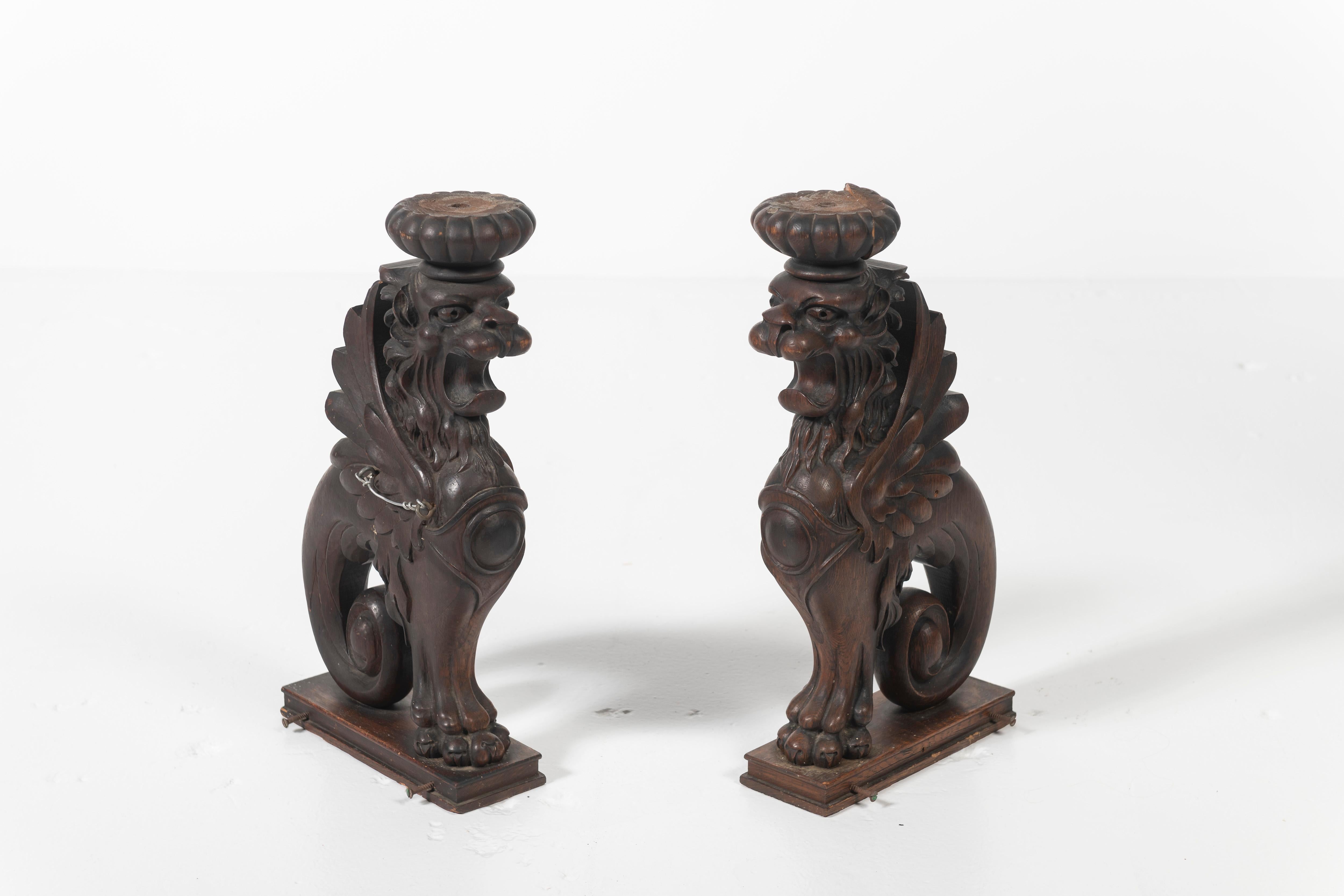 Pair of Carved Oak Stylized Griffin Sculptures, 1900s For Sale 2