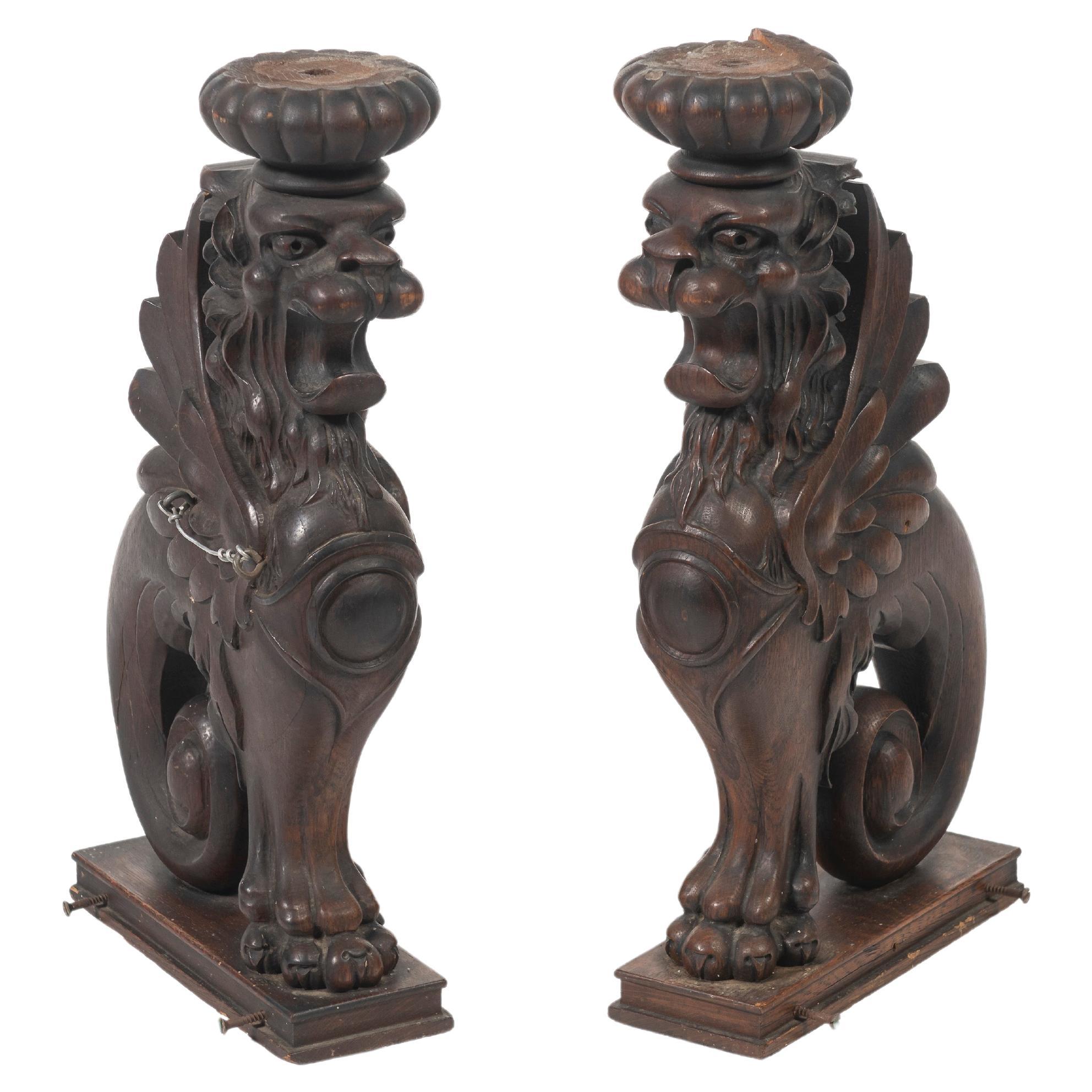 Pair of Carved Oak Stylized Griffin Sculptures, 1900s For Sale