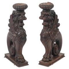Pair of Carved Oak Stylized Griffin Sculptures, 1900s