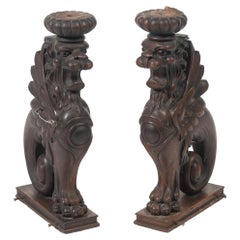 Vintage Pair of Carved Oak Stylized Griffin Sculptures, 1900s