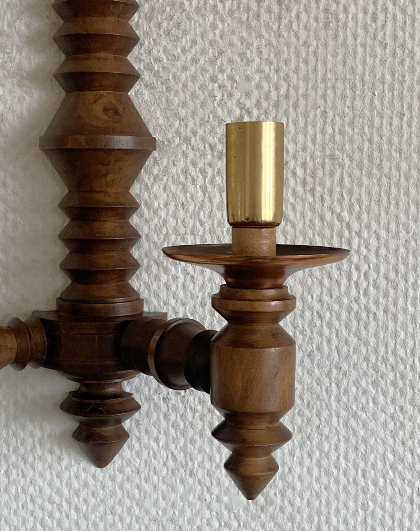 Pair of French Carved Wood Wall Sconces by Charles Dudouyt, 1940s For Sale 5