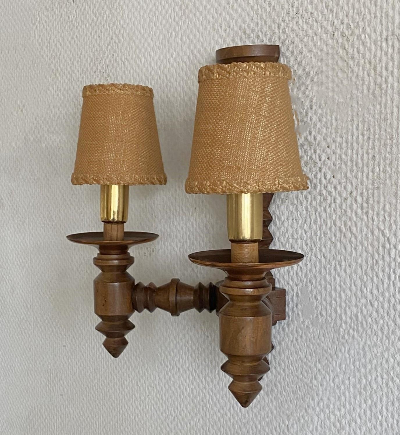 Jute Pair of French Carved Wood Wall Sconces by Charles Dudouyt, 1940s For Sale