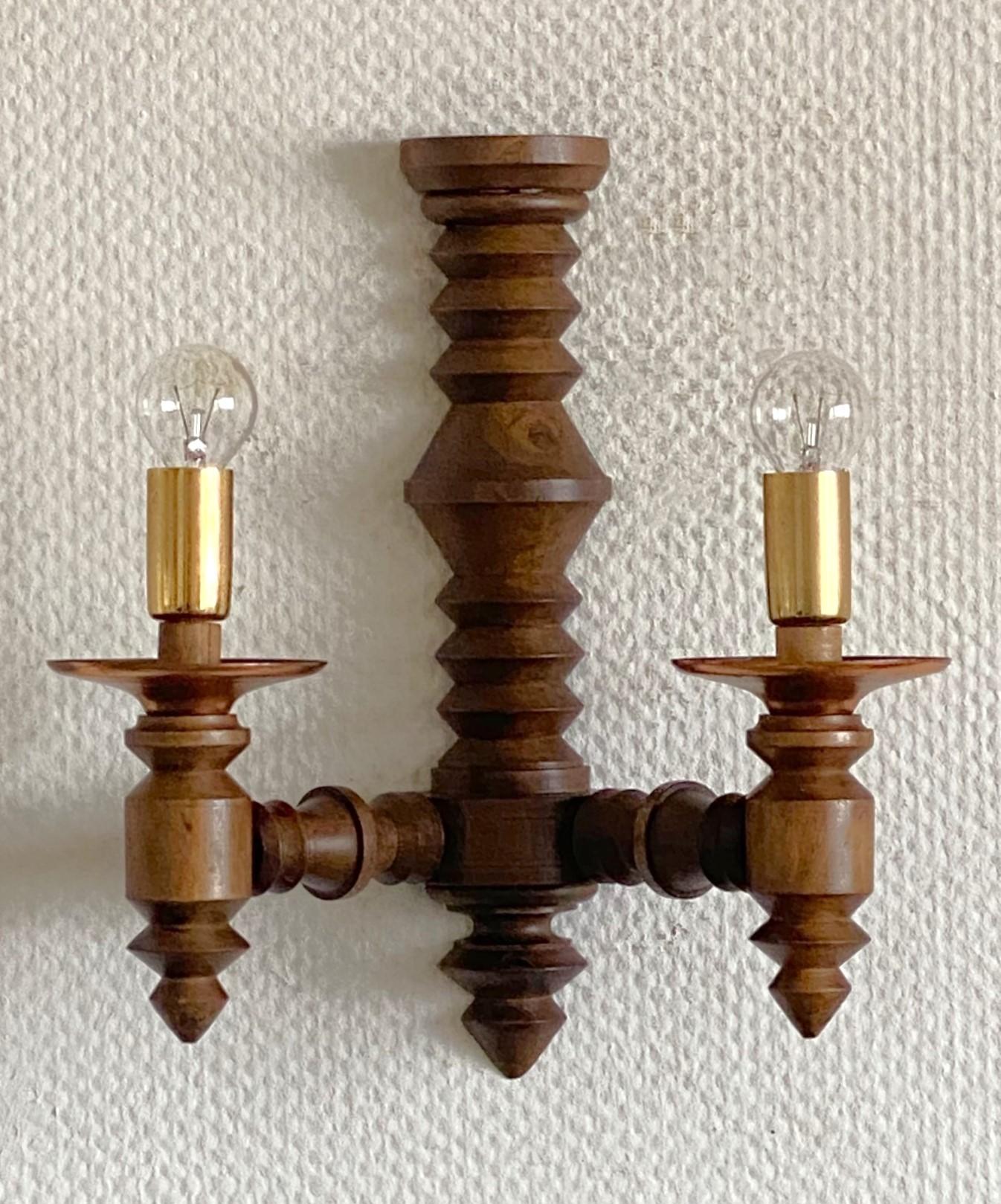 Pair of French Carved Wood Wall Sconces by Charles Dudouyt, 1940s For Sale 2