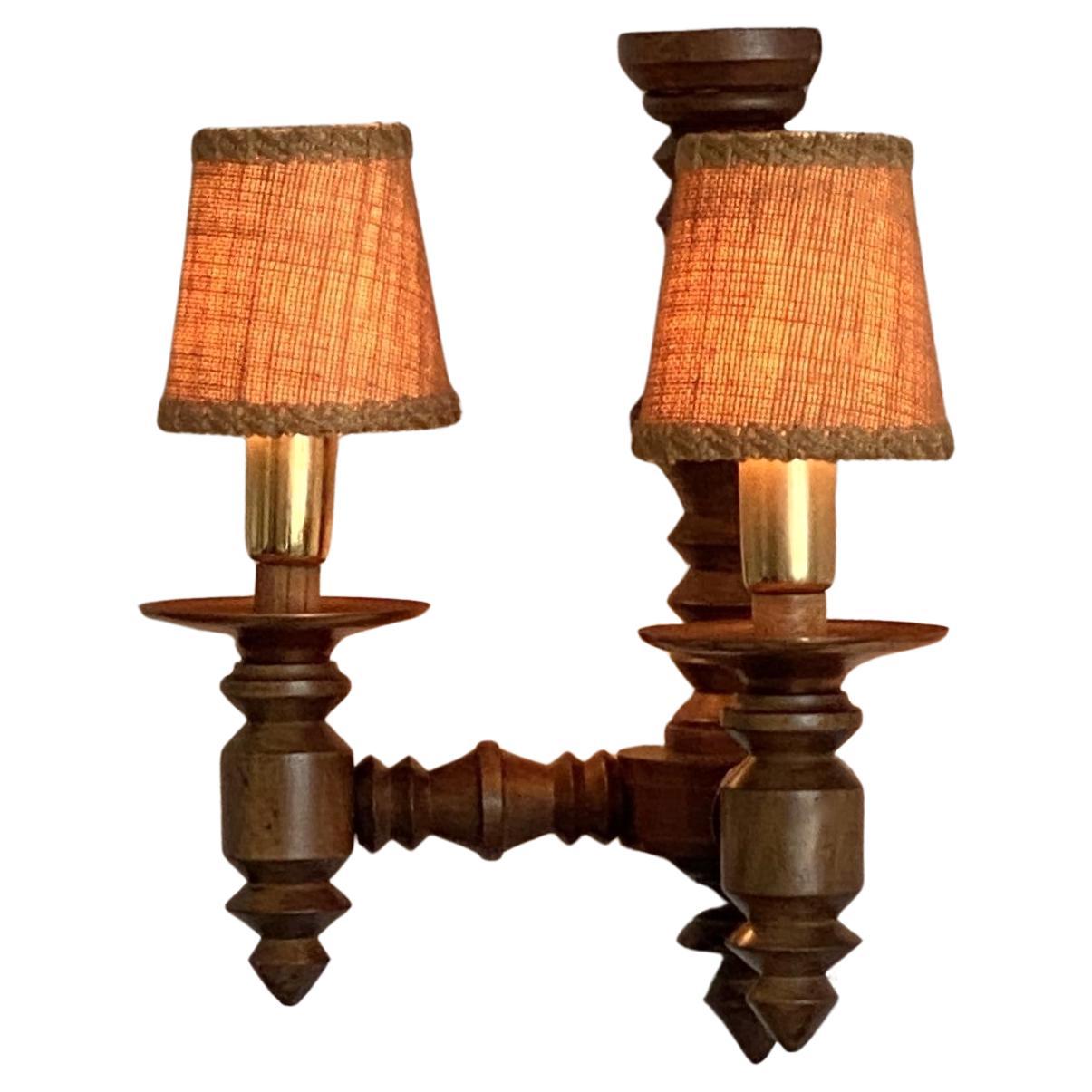 Pair of French Carved Wood Wall Sconces by Charles Dudouyt, 1940s For Sale 1