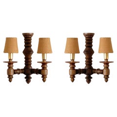 Retro Pair of Carved Oak Two-Branch Wall Sconces by Charles Dudouyt, France, 1940s