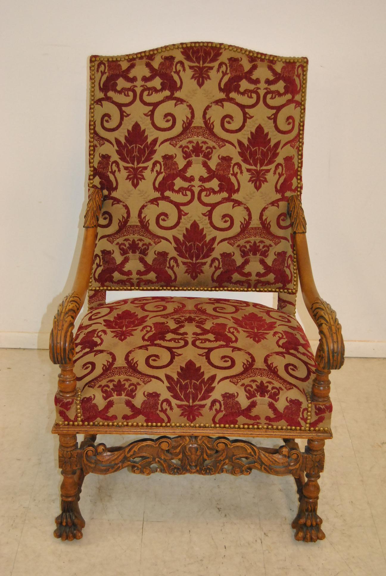 Pair of Carved Oak Upholstered Renaissance Style Armchairs In Good Condition In Toledo, OH