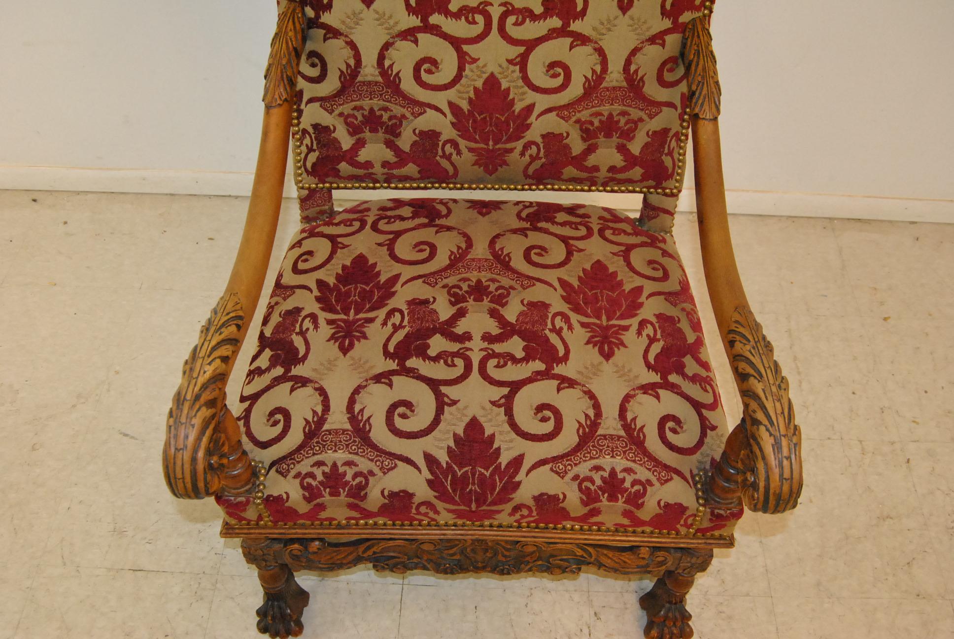 Late 20th Century Pair of Carved Oak Upholstered Renaissance Style Armchairs