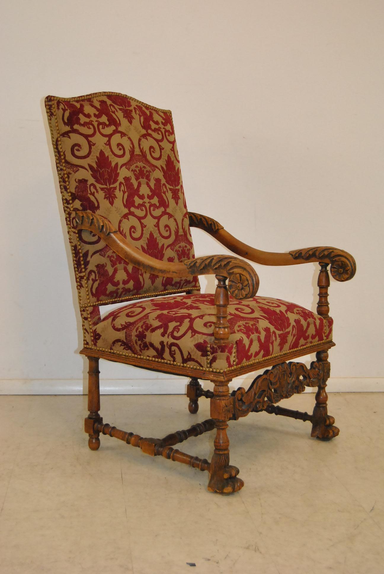 Pair of Carved Oak Upholstered Renaissance Style Armchairs 1