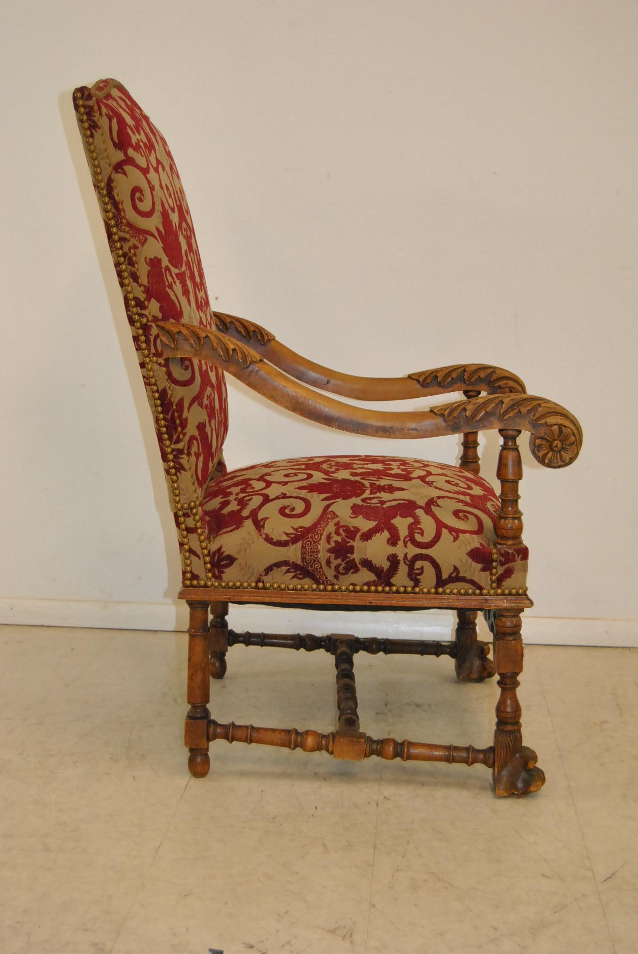 Pair of Carved Oak Upholstered Renaissance Style Armchairs 2