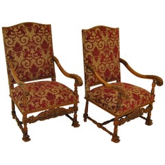 Pair of Carved Oak Upholstered Renaissance Style Armchairs