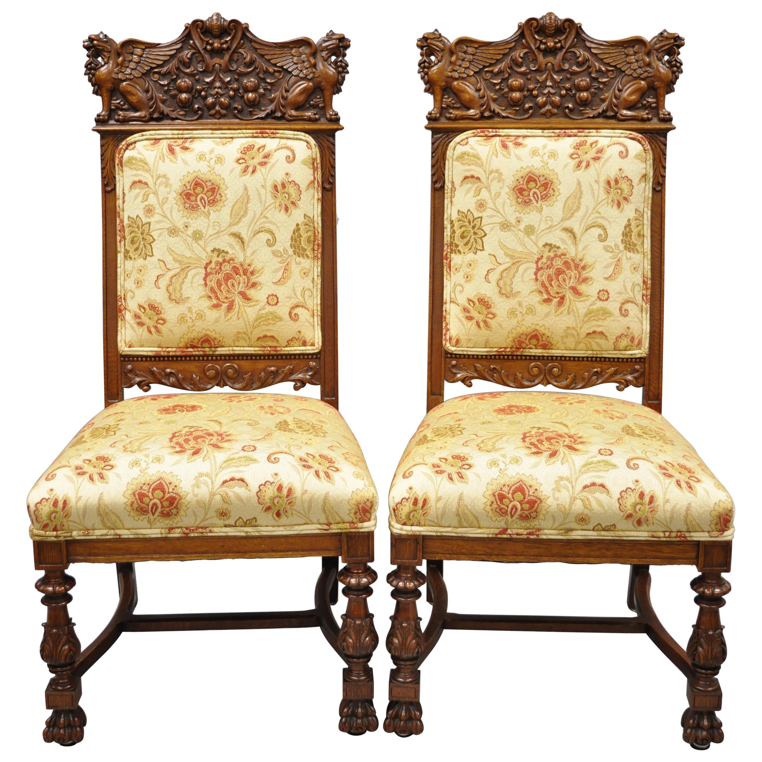 Pair of Carved Oak Winged Griffin Paw Foot Dining Chairs Attributed RJ Horner For Sale