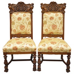 Antique Pair of Carved Oak Winged Griffin Paw Foot Dining Chairs Attributed RJ Horner