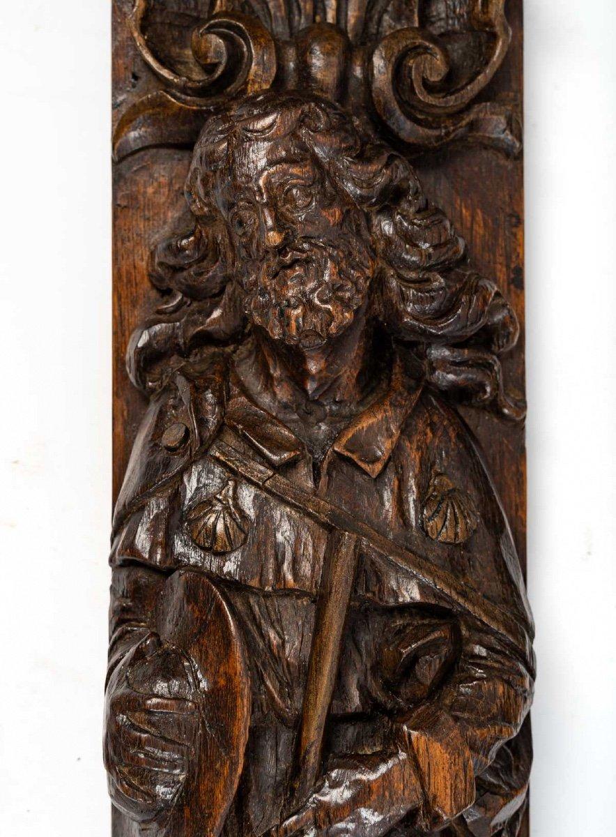 Ein Paar geschnitzte Eichenholztafeln, Saint-Jacques Le Majeur: Periode: 17. Jahrhundert (Geschnitzt) im Angebot