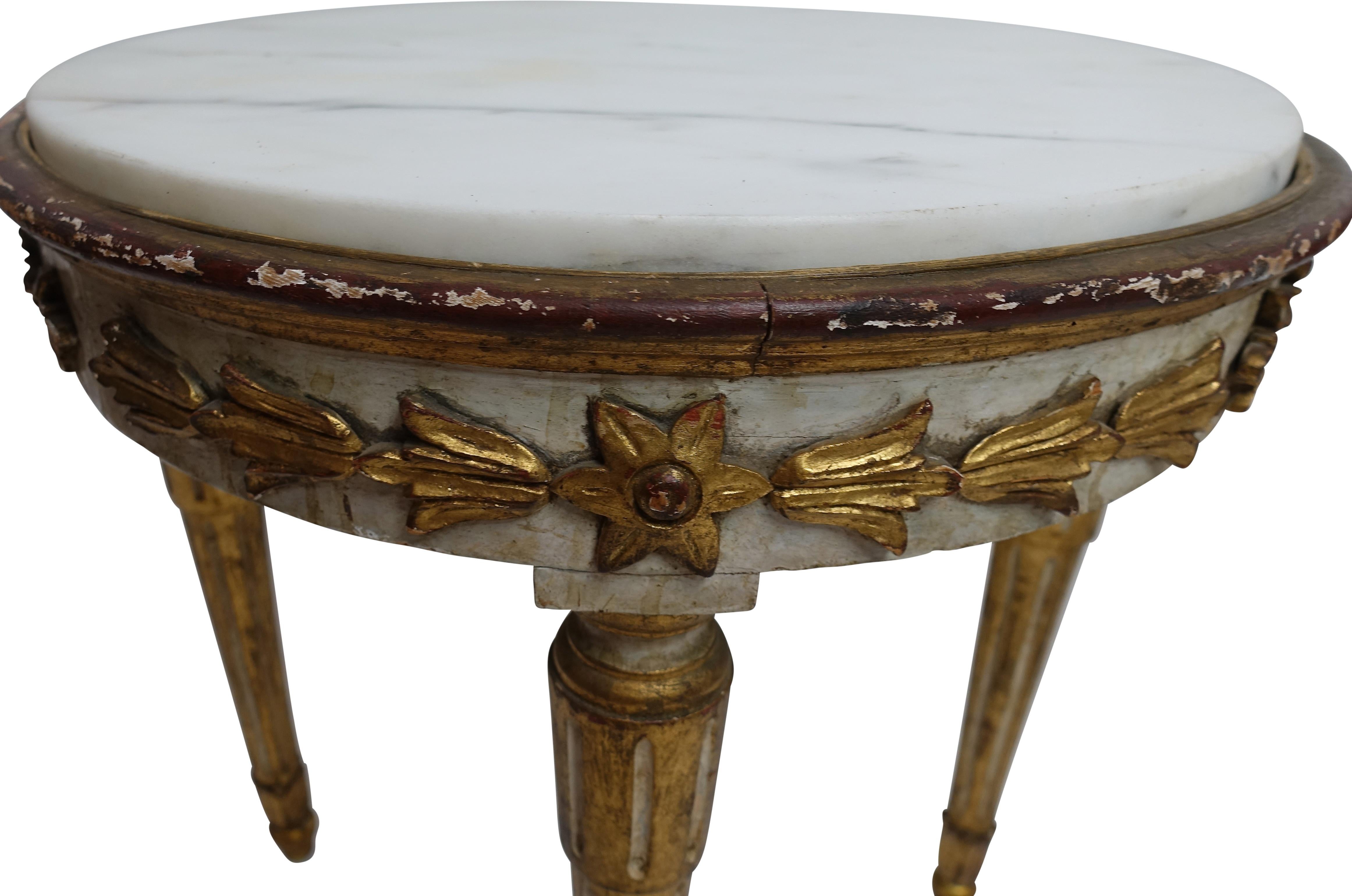 Italian Pair of Carved, Painted and Gilt Side Tables with Marble Top, Italy 18th Century