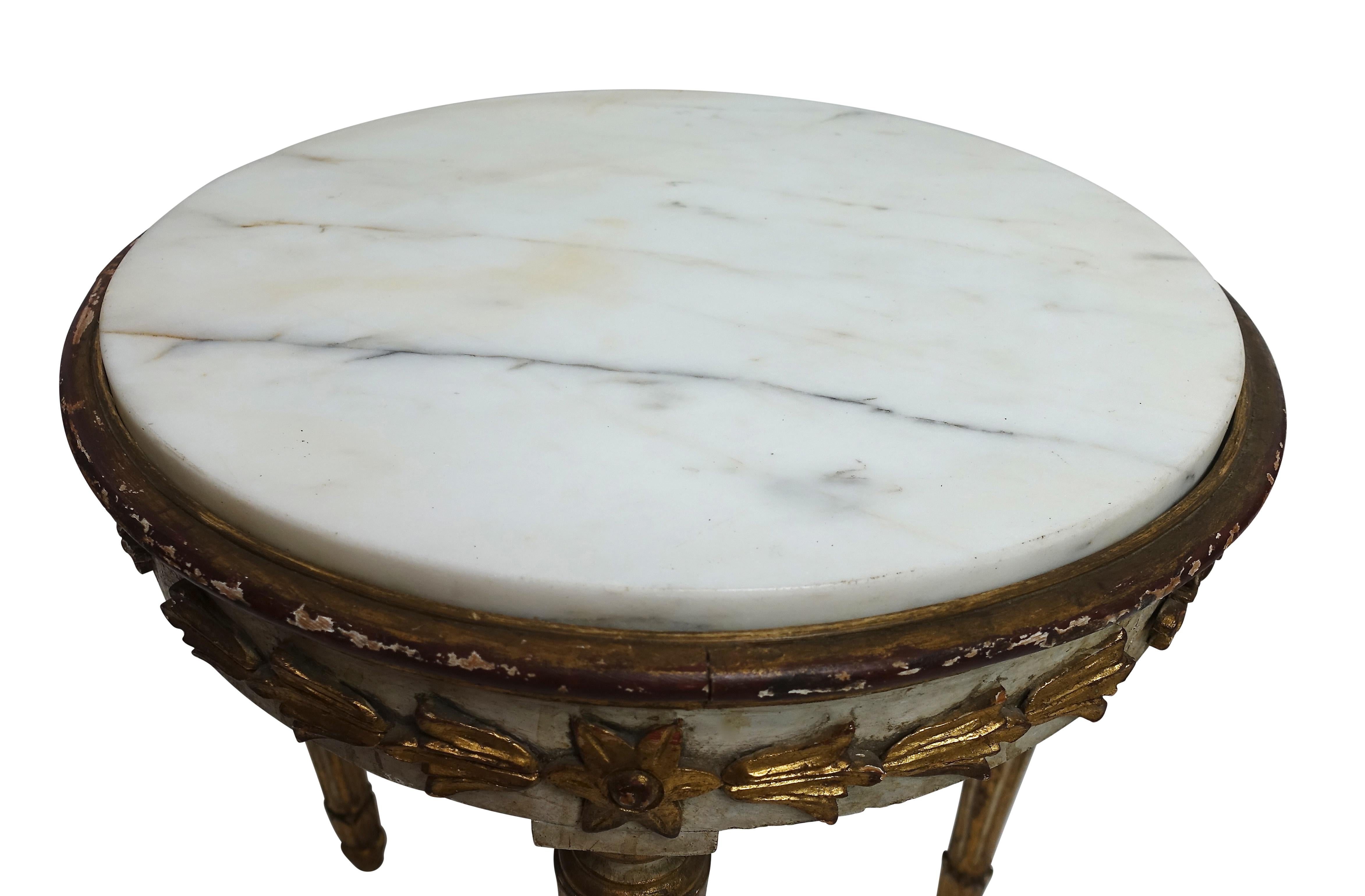 18th Century and Earlier Pair of Carved, Painted and Gilt Side Tables with Marble Top, Italy 18th Century