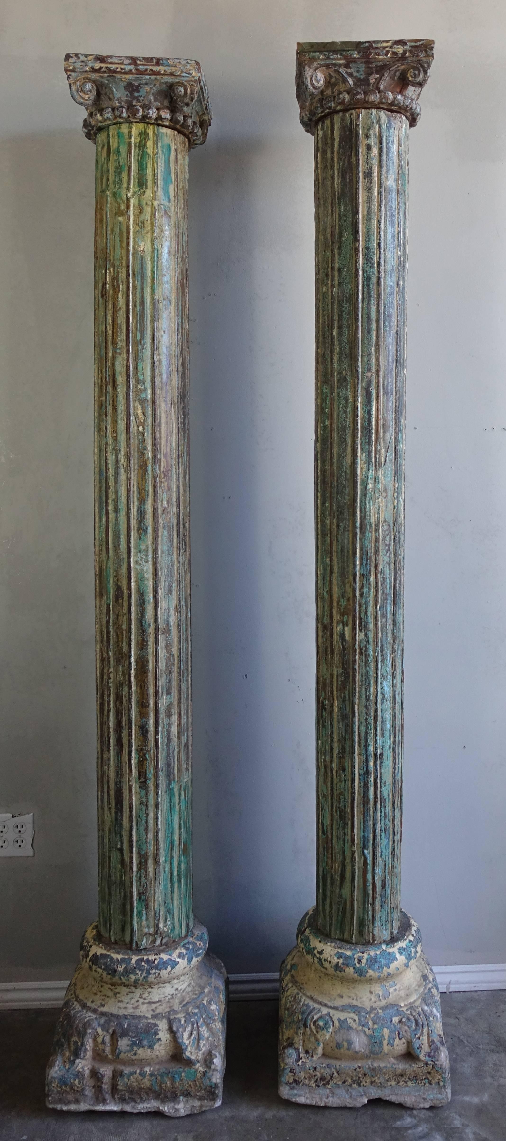 Pair of Carved Painted Columns, circa 1900s 4