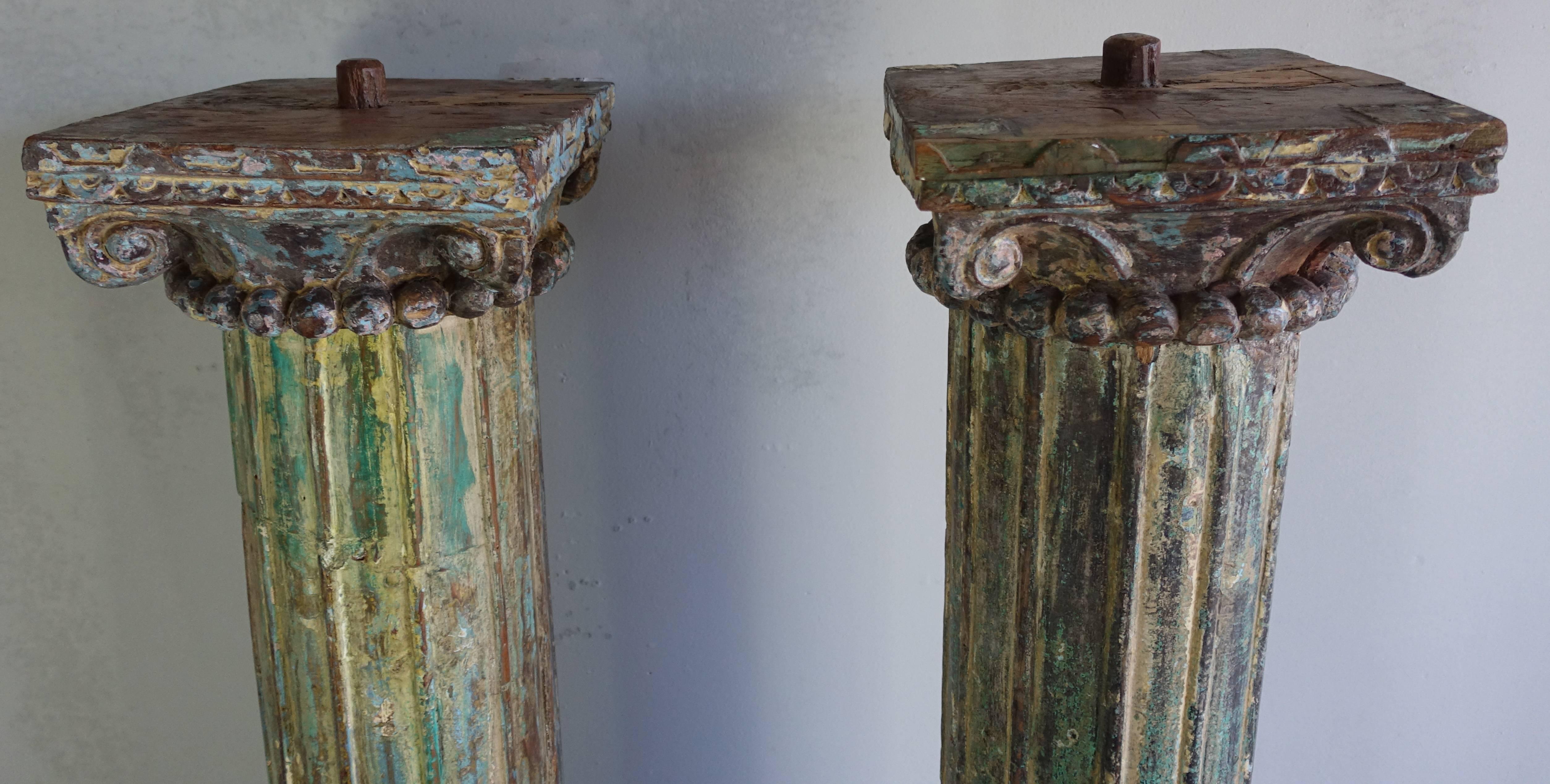 Wood Pair of Carved Painted Columns, circa 1900s