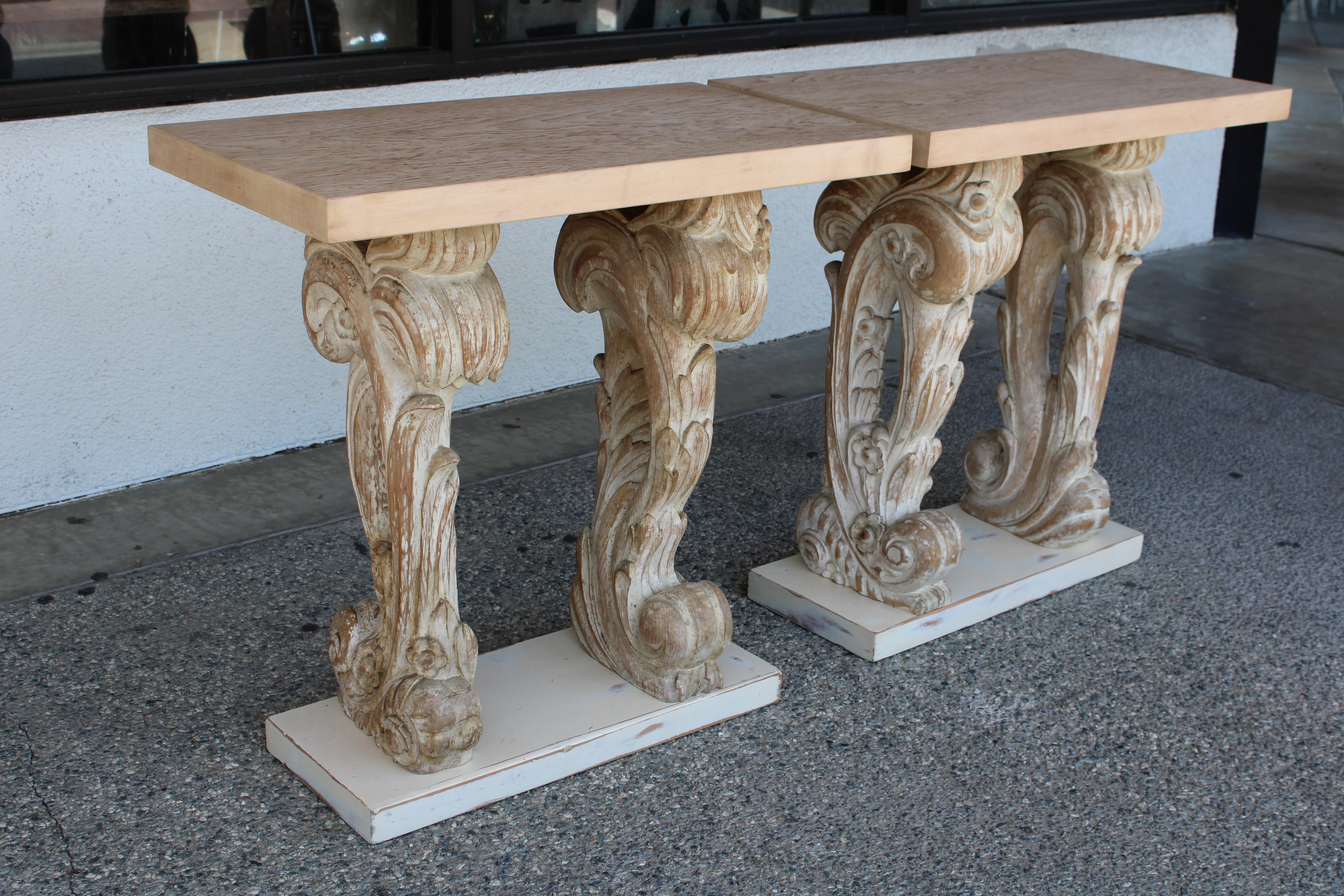Pair of Carved Painted Console Tables In Good Condition For Sale In Palm Springs, CA