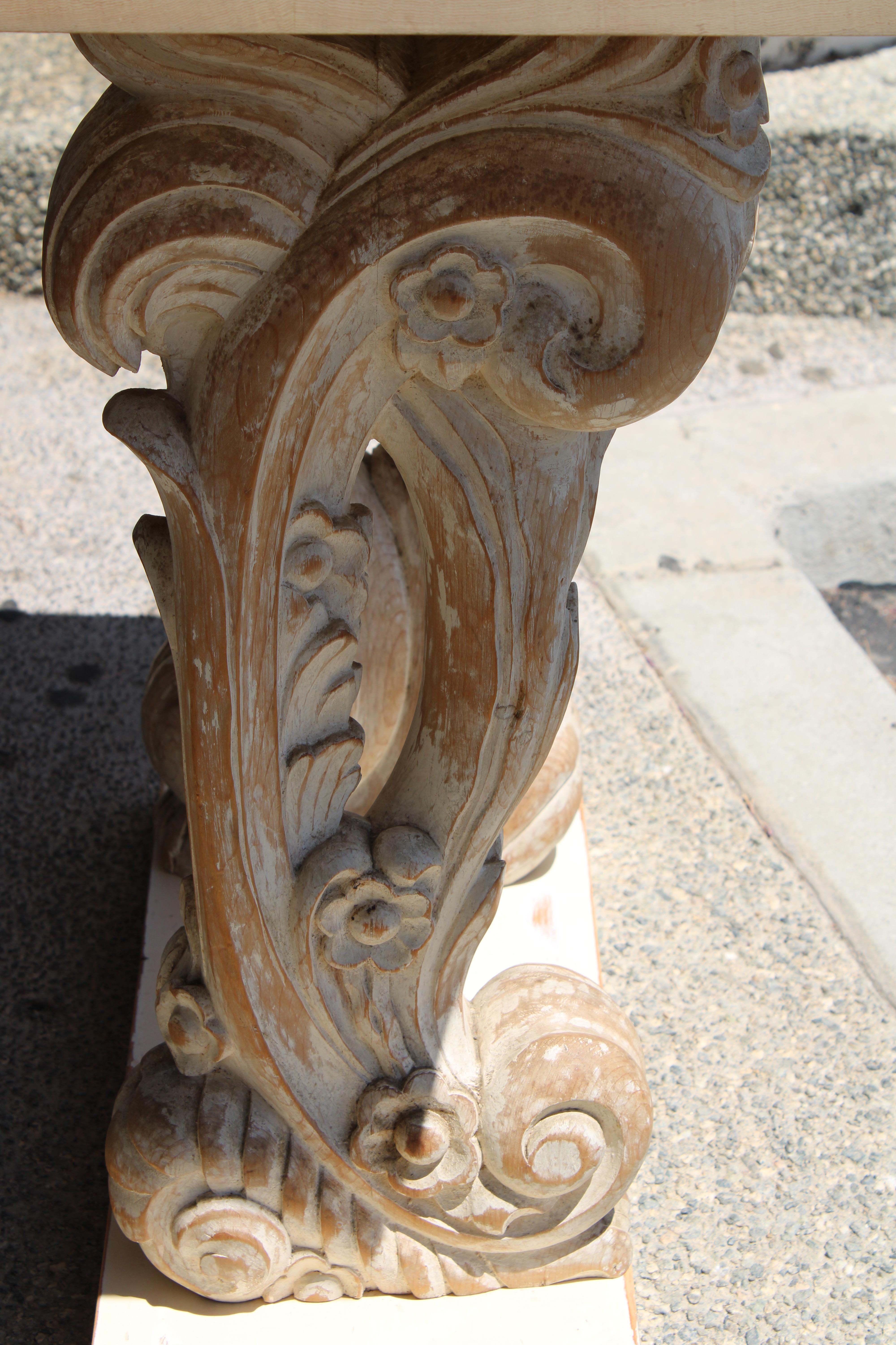 Wood Pair of Carved Painted Console Tables For Sale